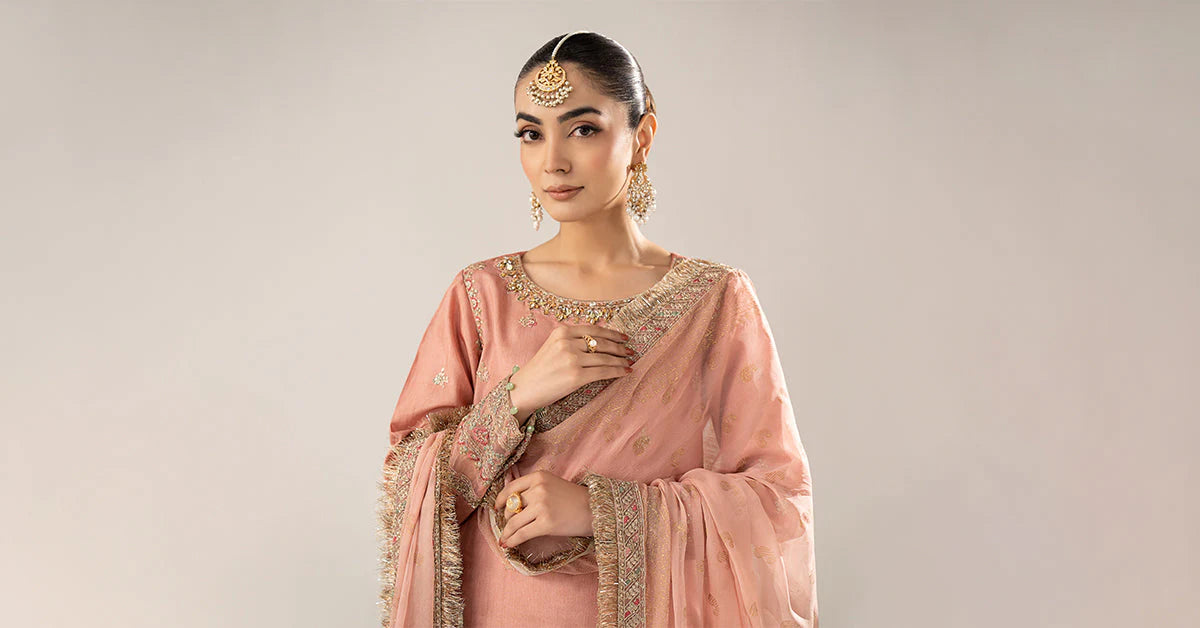 SF-EF26-28-Peach | 3 Piece Embroidered Raw Silk Suit | MARIA.B