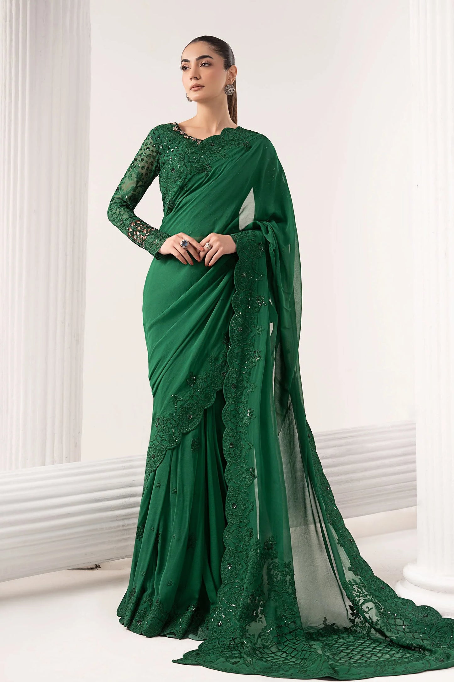 SF-EF26-73-Green | Embroidered Chiffon Saree | MARIA.B
