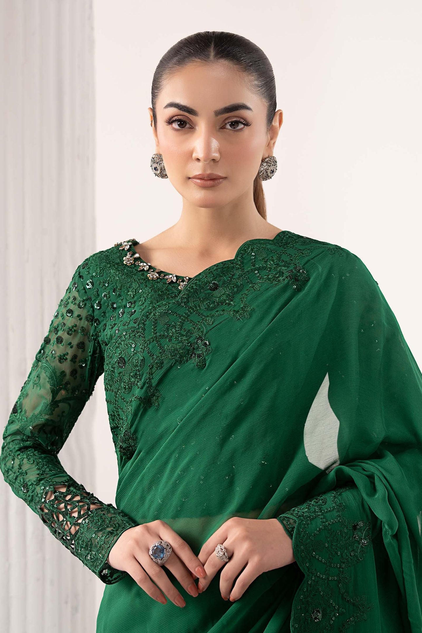 SF-EF26-73-Green | Embroidered Chiffon Saree | MARIA.B