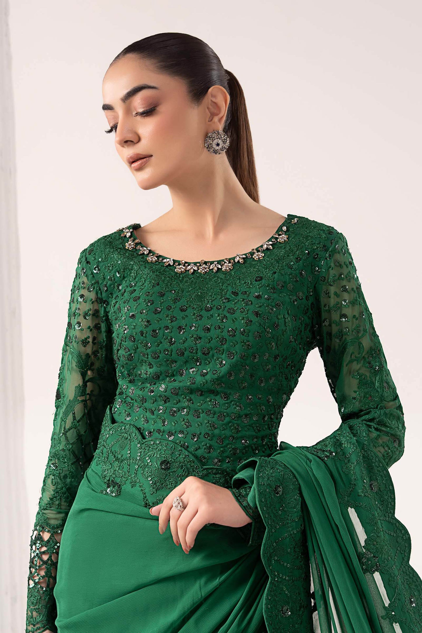 SF-EF26-73-Green | Embroidered Chiffon Saree | MARIA.B