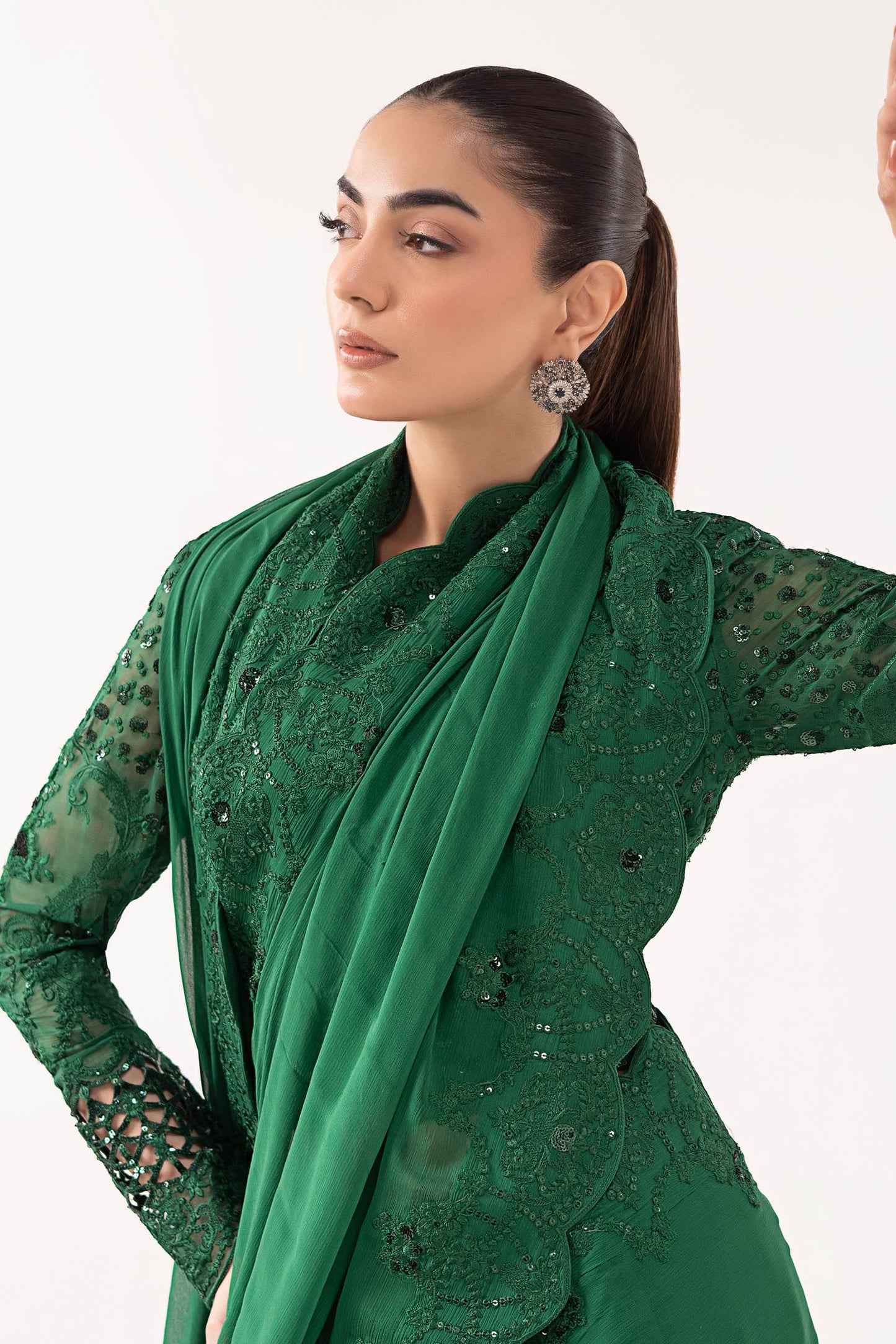 SF-EF26-73-Green | Embroidered Chiffon Saree | MARIA.B