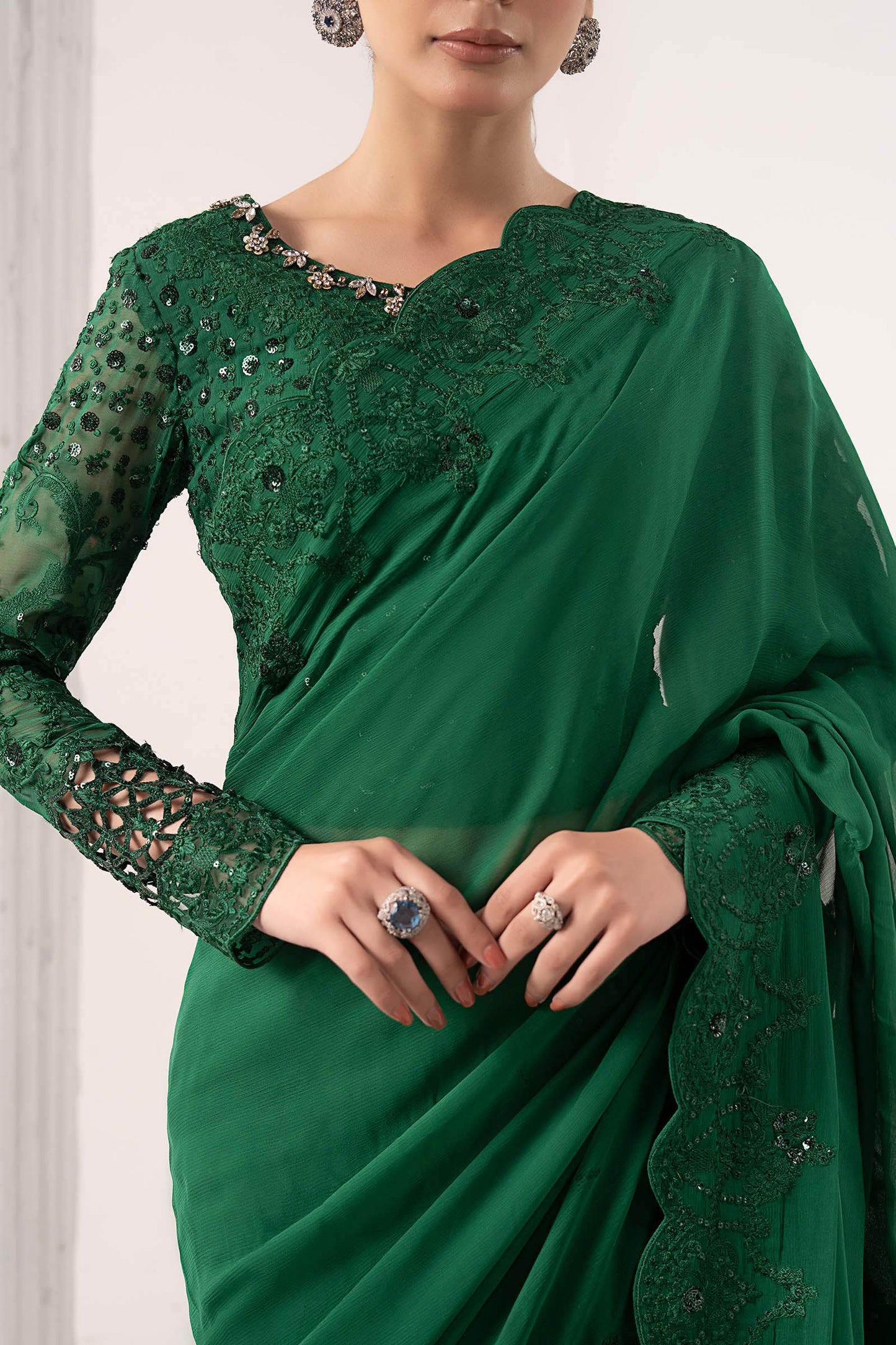 SF-EF26-73-Green | Embroidered Chiffon Saree | MARIA.B