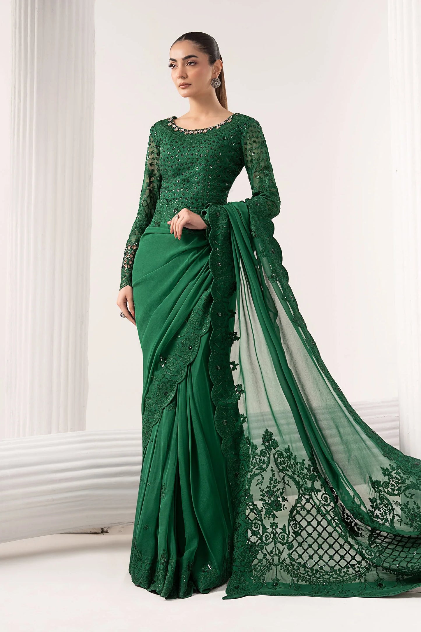 SF-EF26-73-Green | Embroidered Chiffon Saree | MARIA.B