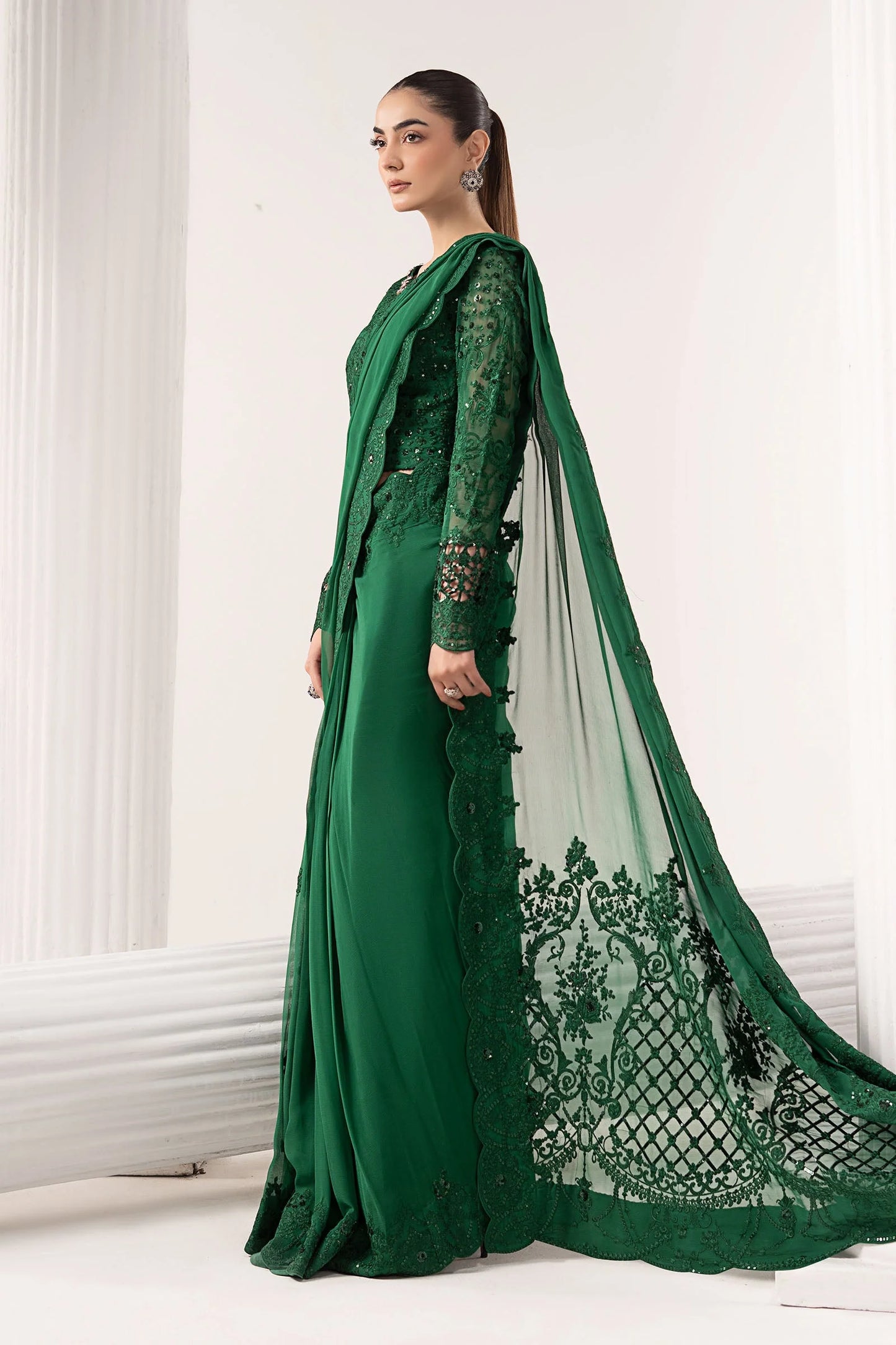 SF-EF26-73-Green | Embroidered Chiffon Saree | MARIA.B