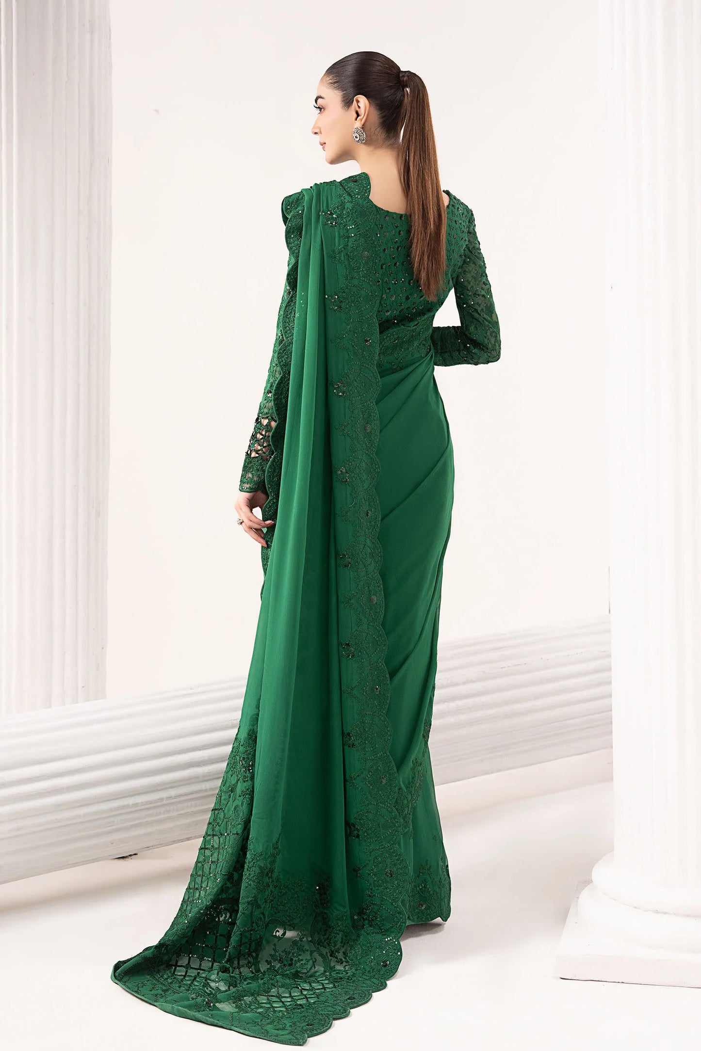 SF-EF26-73-Green | Embroidered Chiffon Saree | MARIA.B