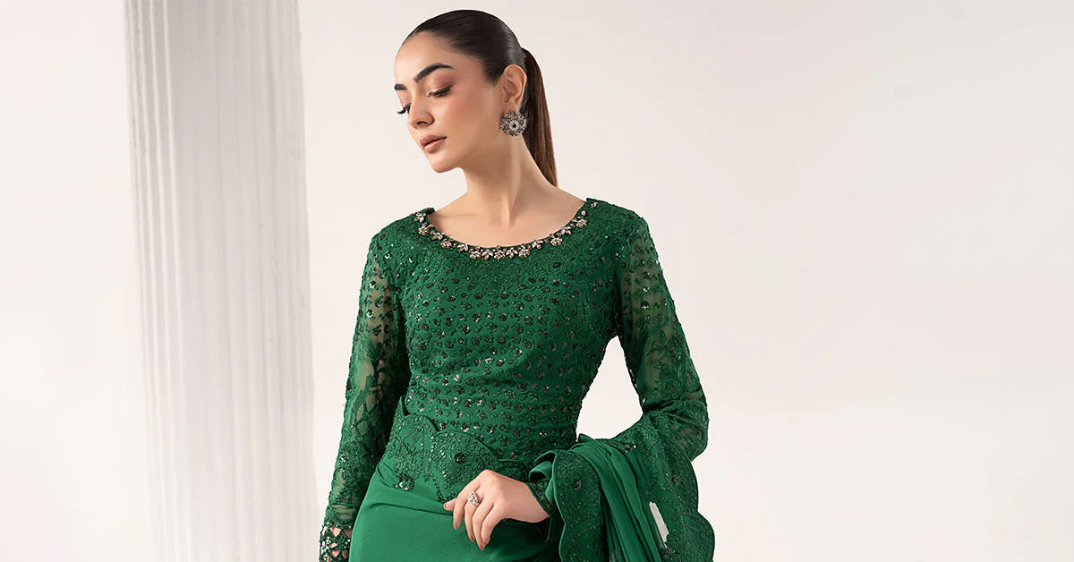 SF-EF26-73-Green | Embroidered Chiffon Saree | MARIA.B