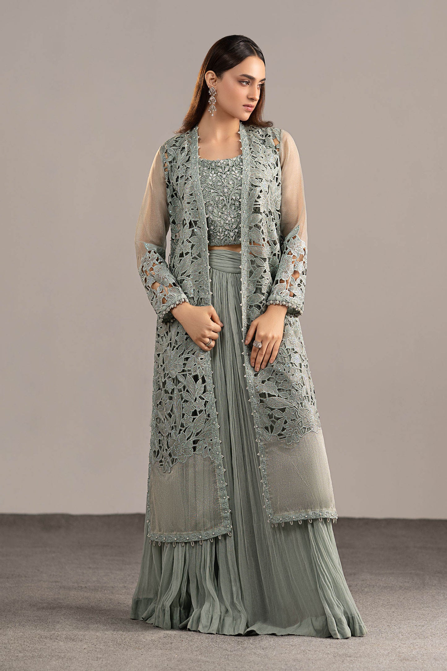 MGL-EF26-01-Ice Blue | 3 Piece Embroidered Zari Organza Suit | MARIA.B