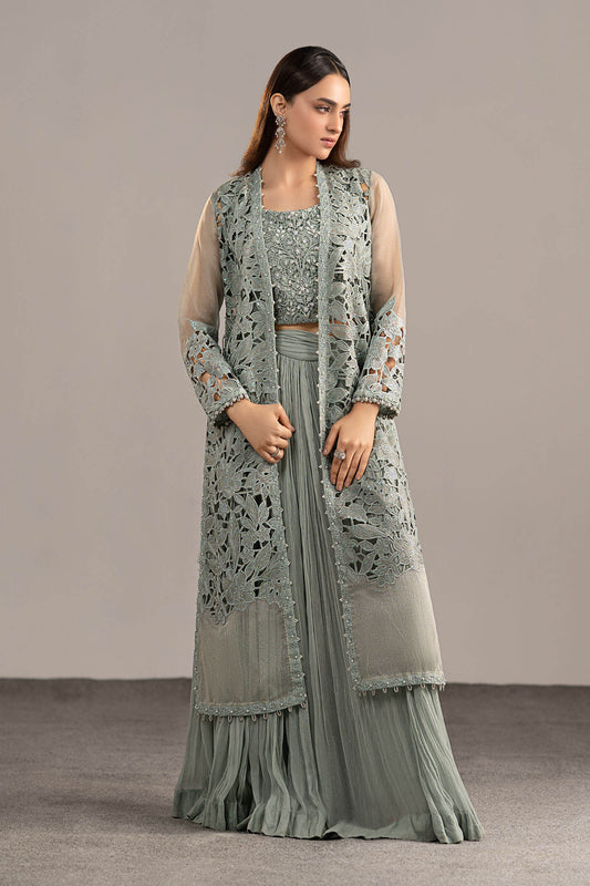 MGL-EF26-01-Ice Blue | 3 Piece Embroidered Zari Organza Suit | MARIA.B