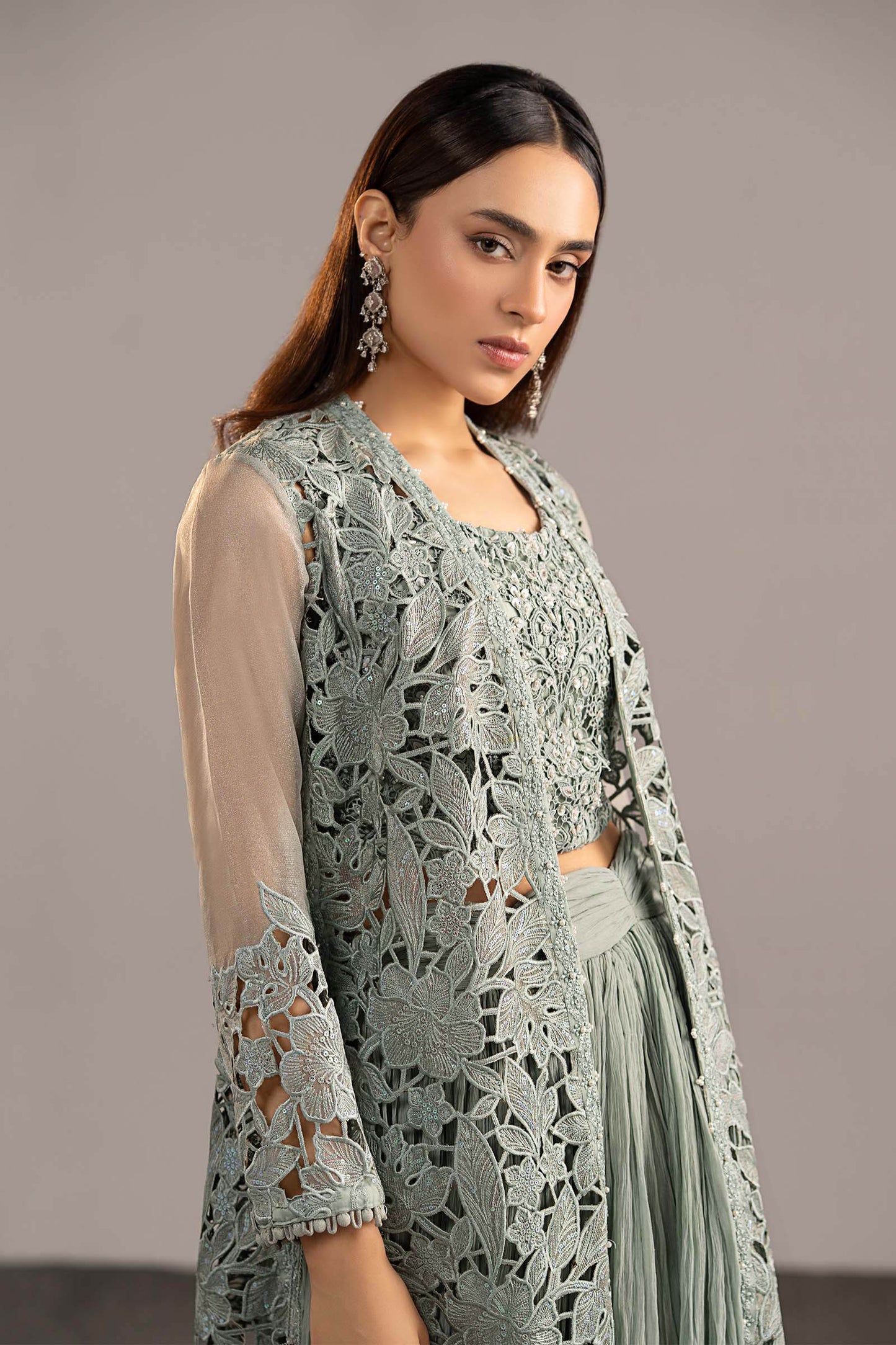 MGL-EF26-01-Ice Blue | 3 Piece Embroidered Zari Organza Suit | MARIA.B