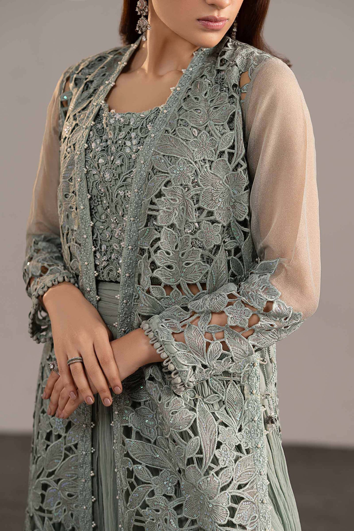 MGL-EF26-01-Ice Blue | 3 Piece Embroidered Zari Organza Suit | MARIA.B