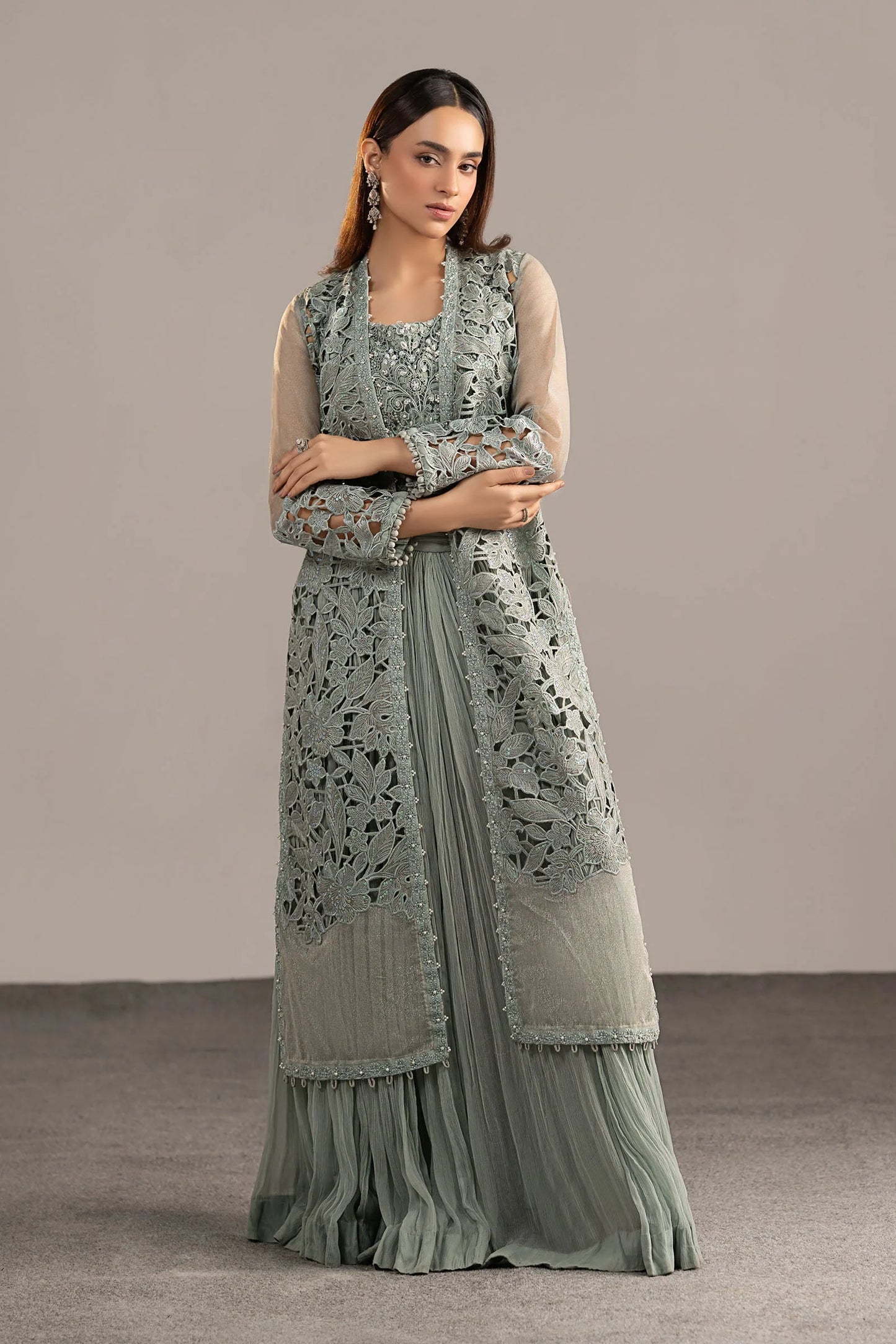 MGL-EF26-01-Ice Blue | 3 Piece Embroidered Zari Organza Suit | MARIA.B