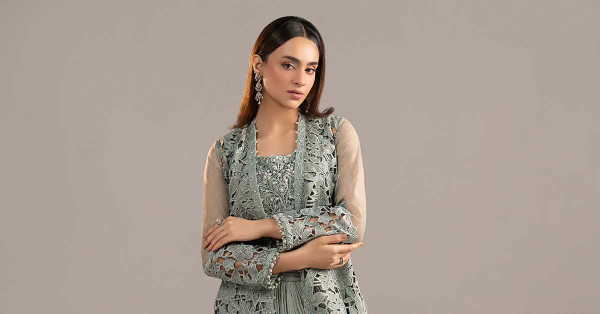 MGL-EF26-01-Ice Blue | 3 Piece Embroidered Zari Organza Suit | MARIA.B