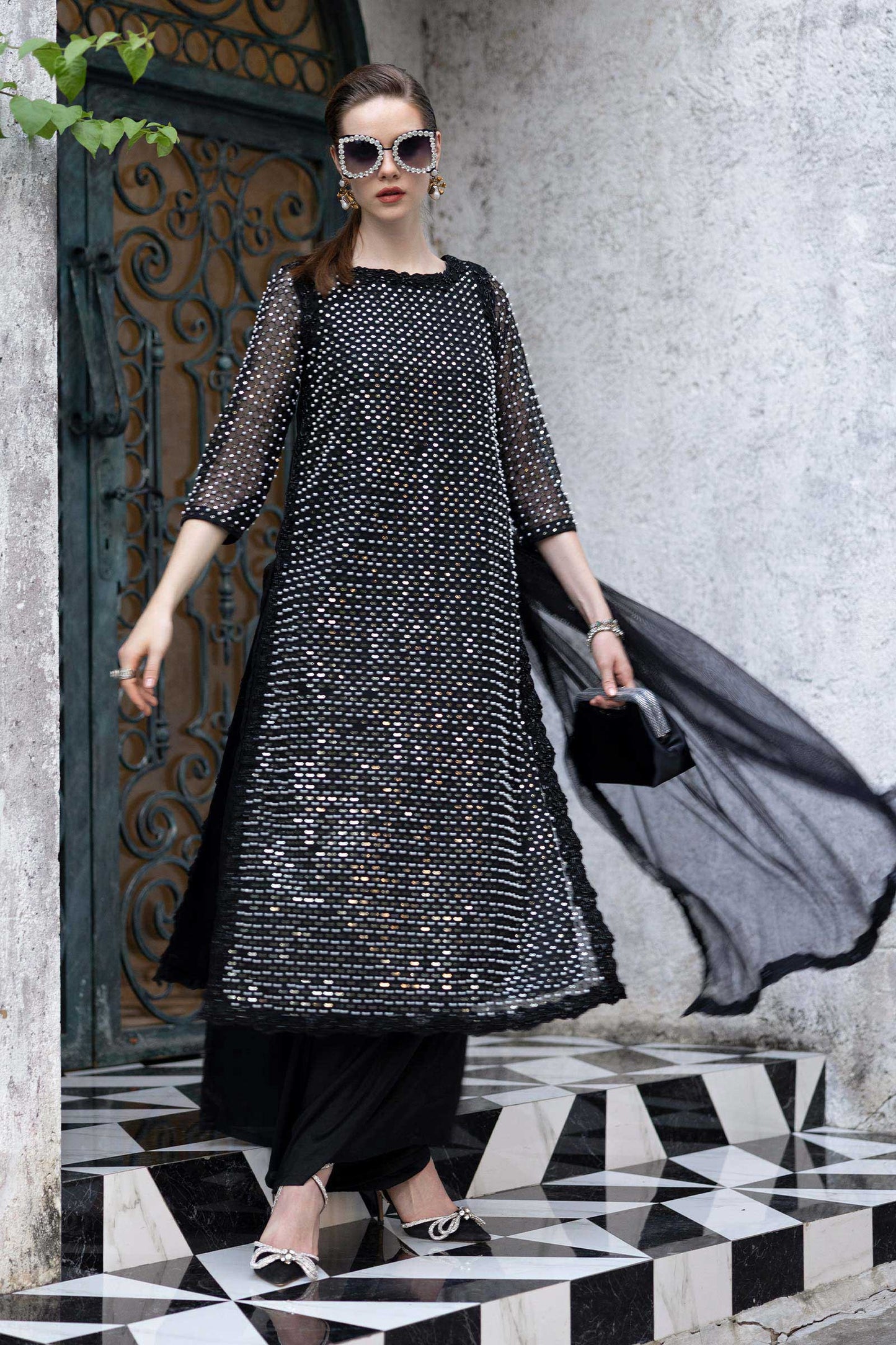 SF-EF26-23-Black | Piece Embroidered Organza Suit | MARIA.B