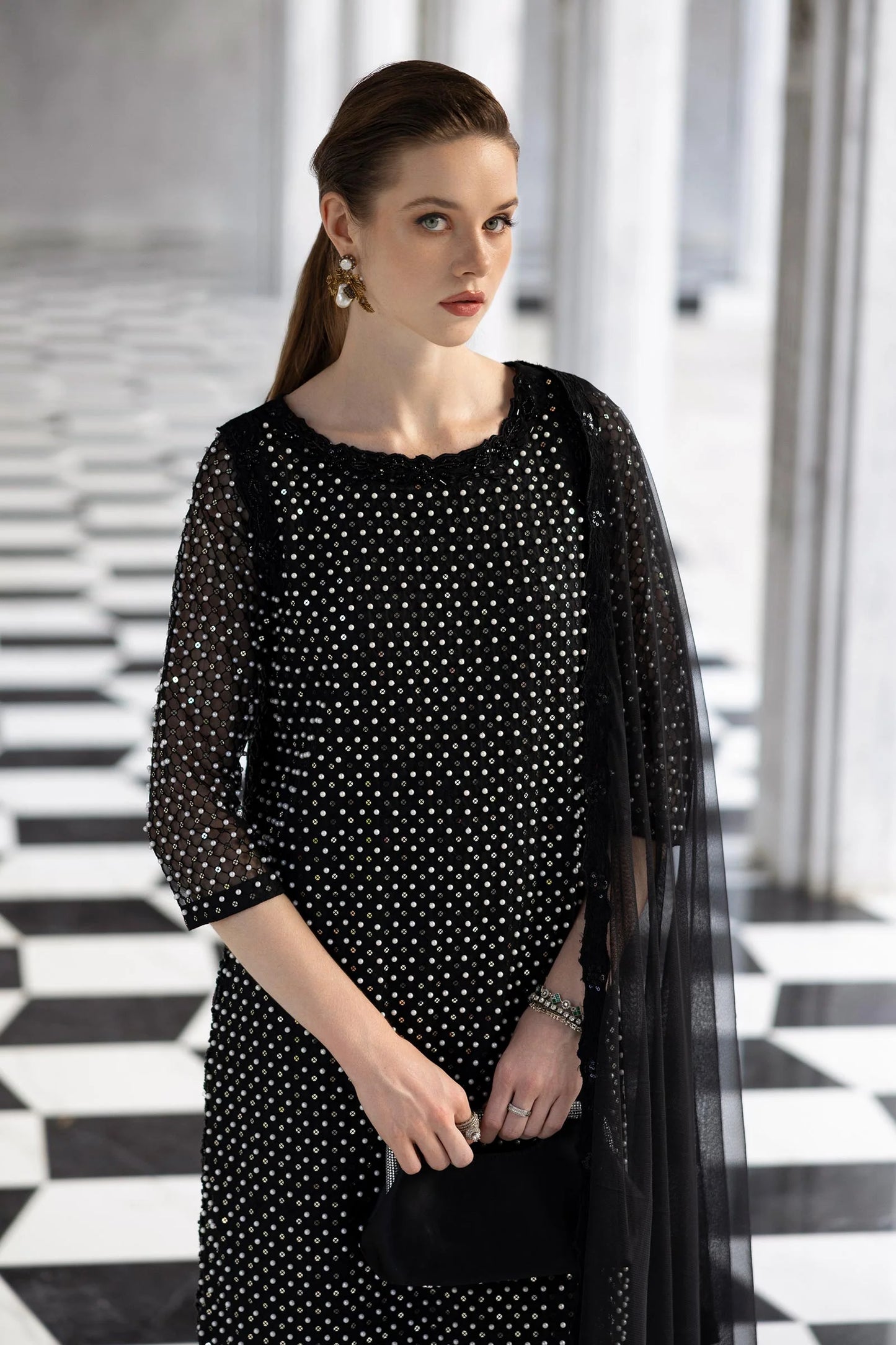SF-EF26-23-Black | Piece Embroidered Organza Suit | MARIA.B