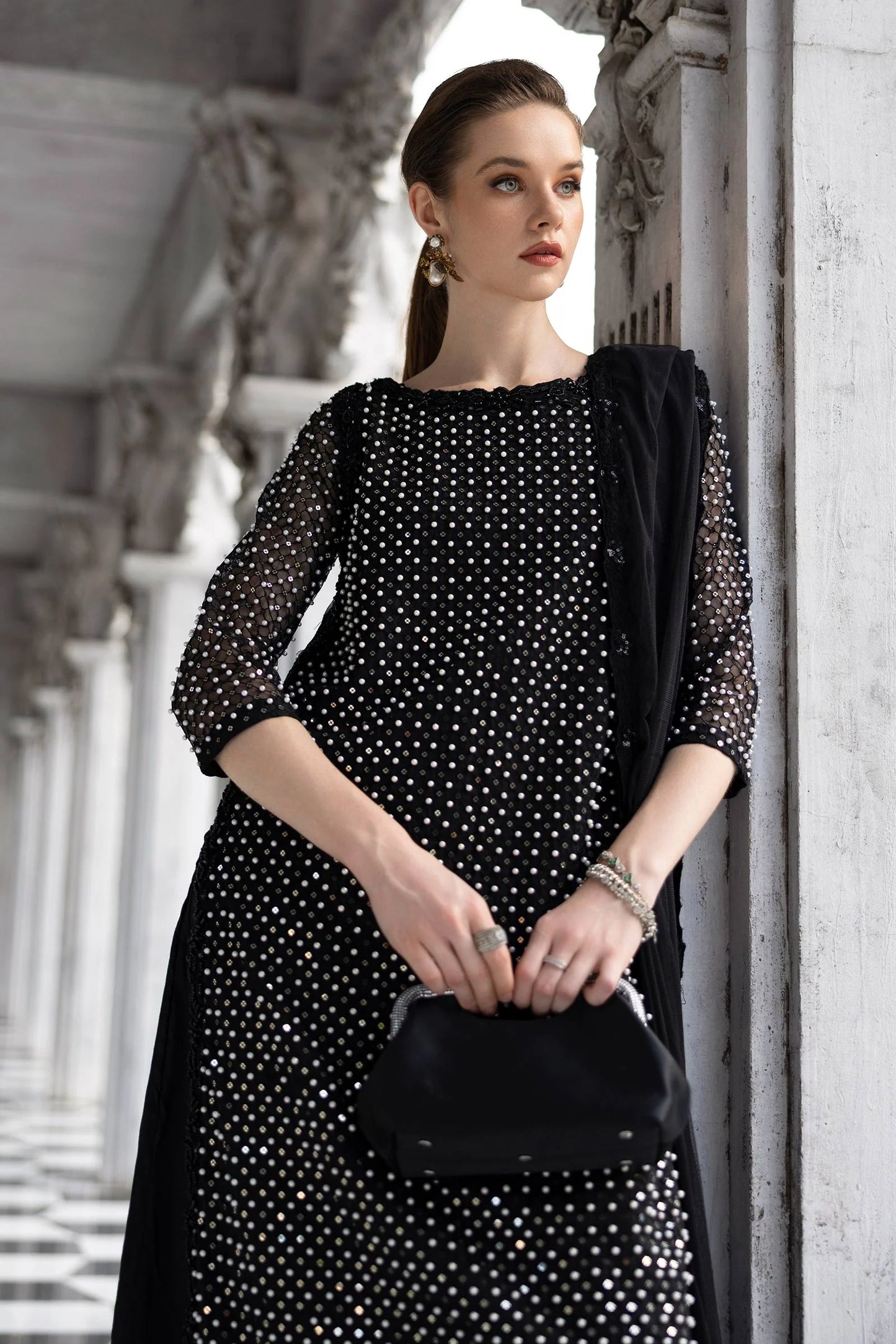 SF-EF26-23-Black | Piece Embroidered Organza Suit | MARIA.B