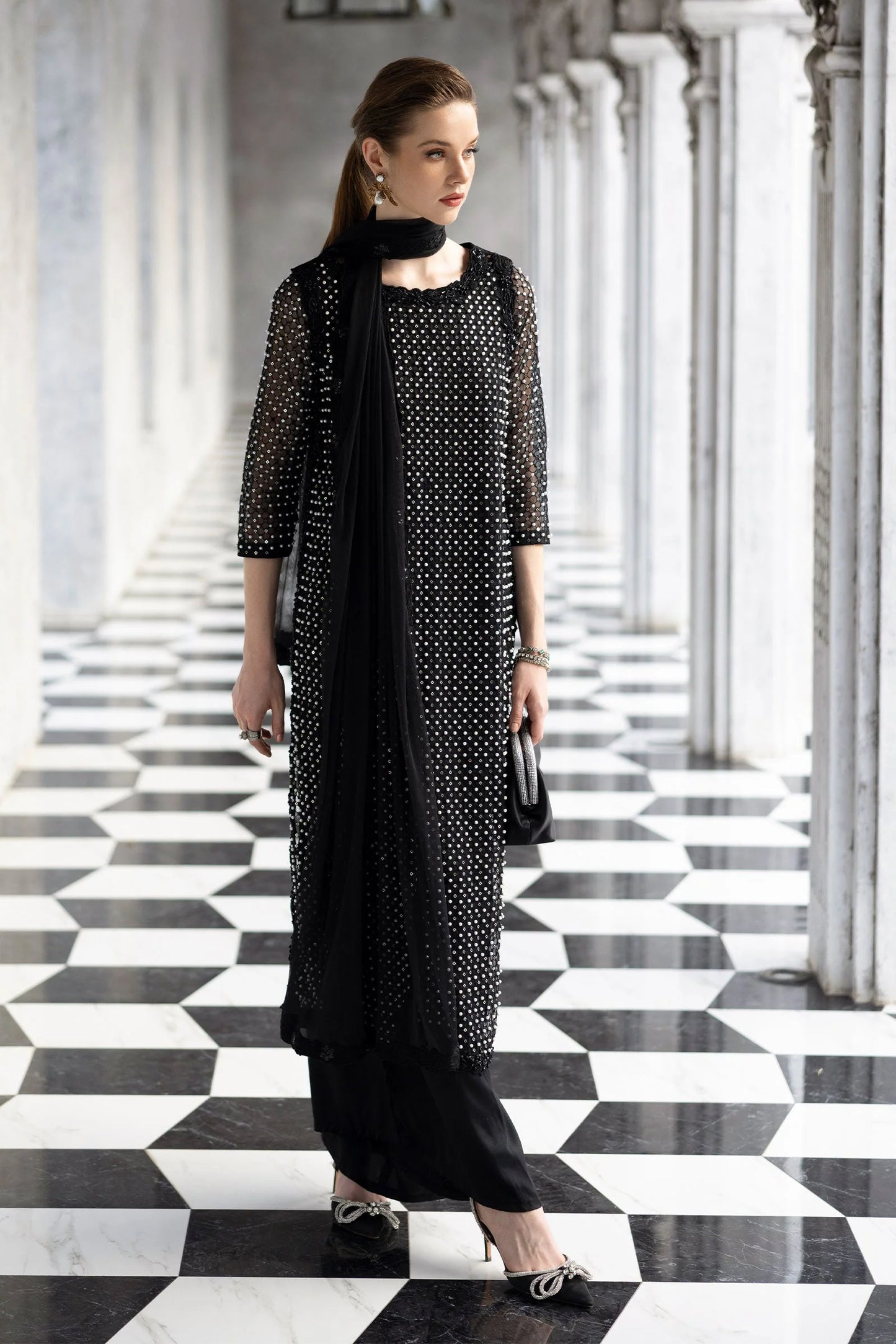 SF-EF26-23-Black | Piece Embroidered Organza Suit | MARIA.B