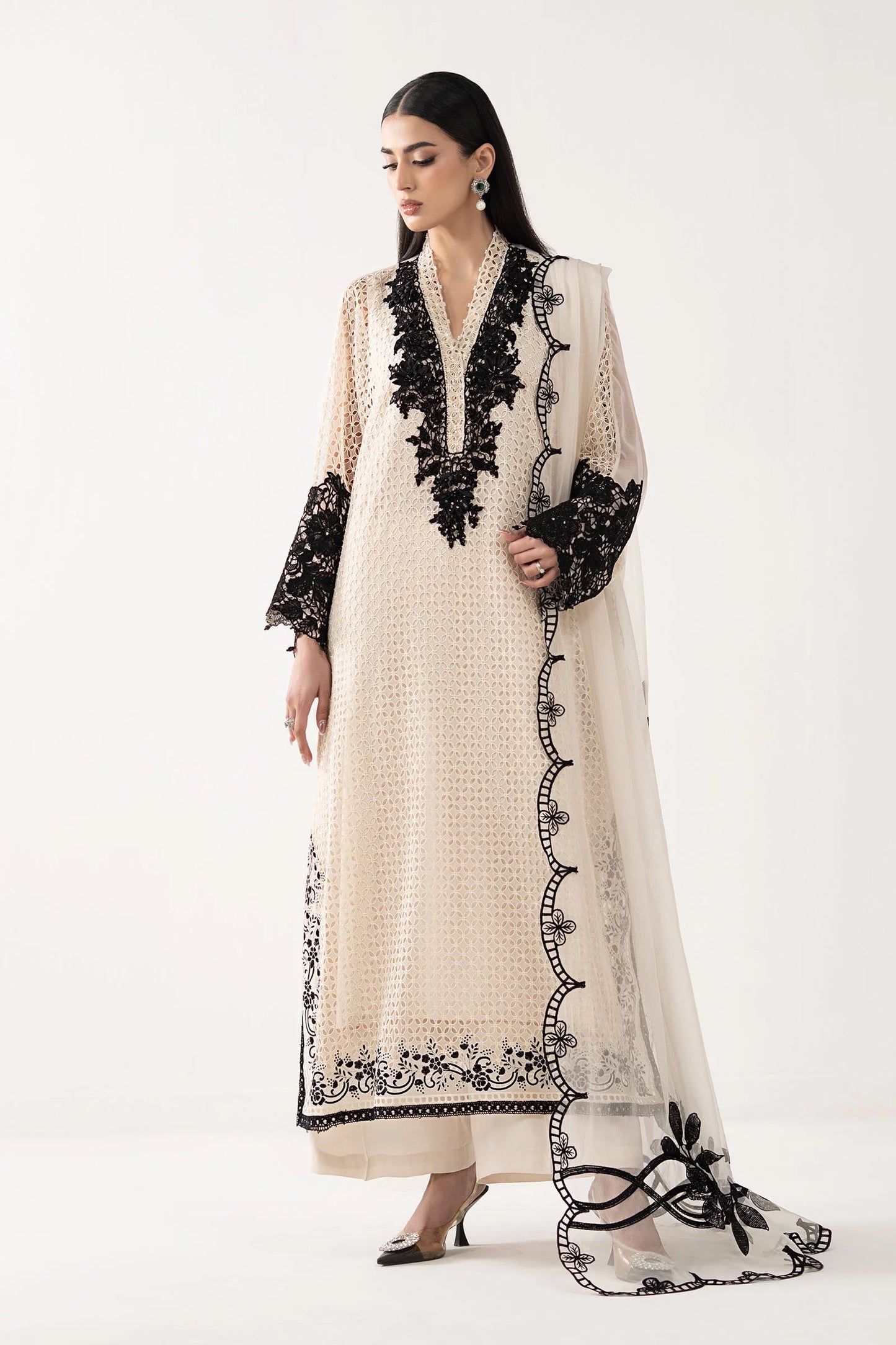 SF-EF26-13-Off White | 3 Piece Embroidered Chiffon Suit | MARIA.B
