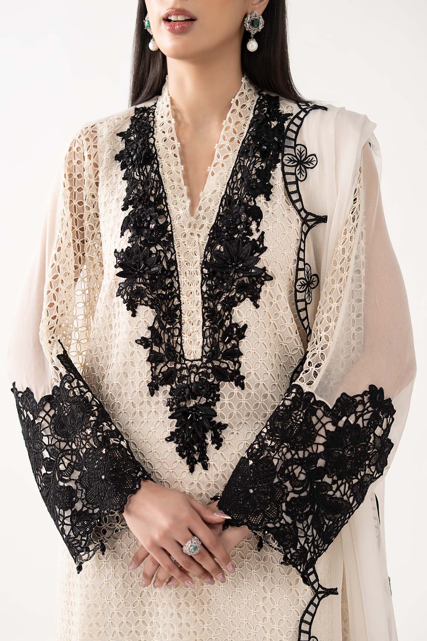 SF-EF26-13-Off White | 3 Piece Embroidered Chiffon Suit | MARIA.B