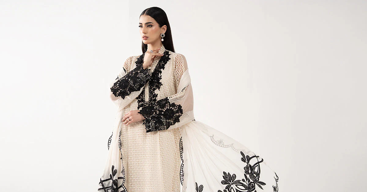 SF-EF26-13-Off White | 3 Piece Embroidered Chiffon Suit | MARIA.B
