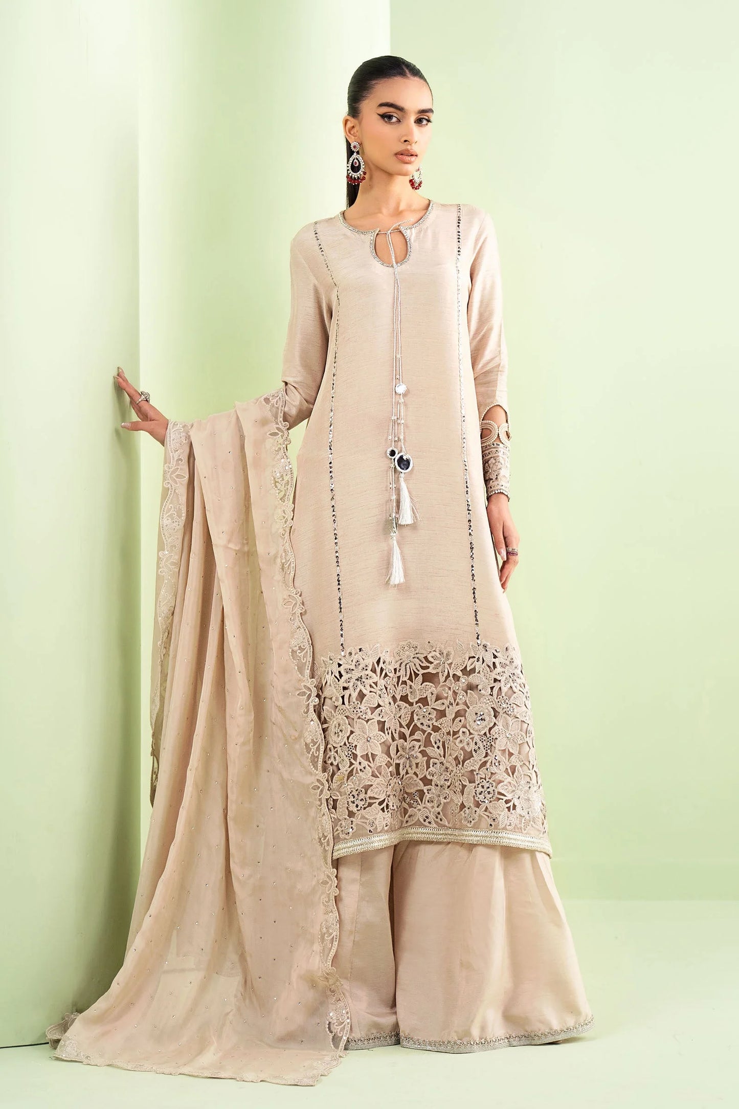 SF-EF26-63-BEIGE | Piece Embroidered Raw Silk Suit | MARIA.B