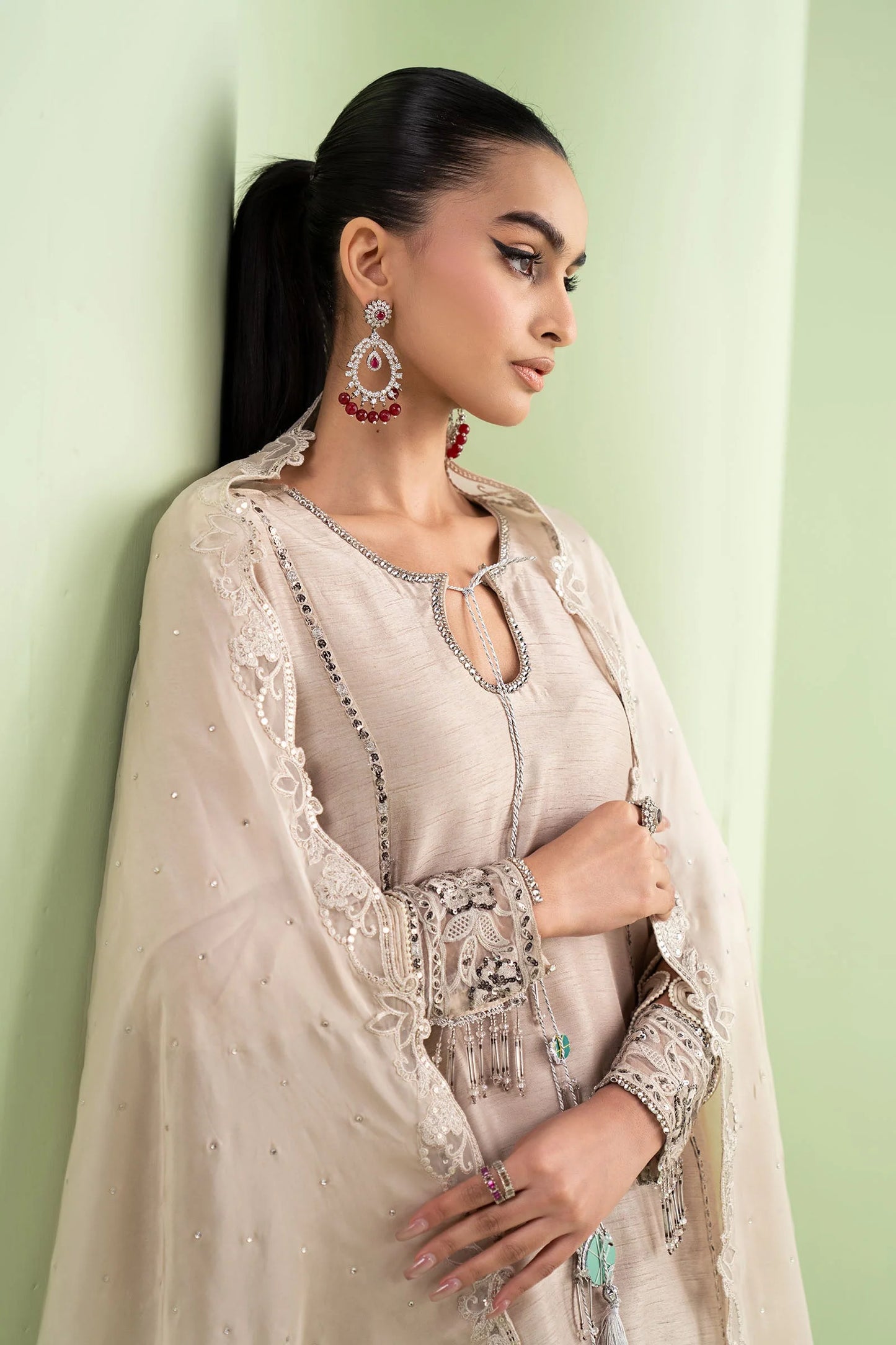 SF-EF26-63-BEIGE | Piece Embroidered Raw Silk Suit | MARIA.B