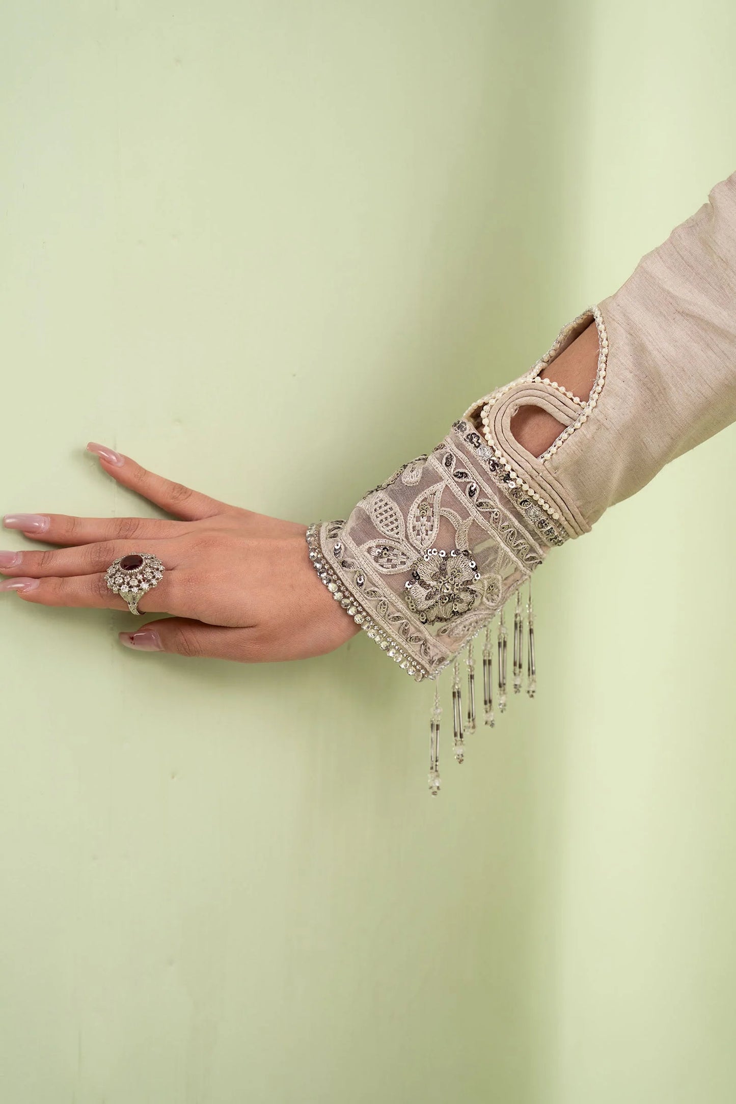 SF-EF26-63-BEIGE | Piece Embroidered Raw Silk Suit | MARIA.B