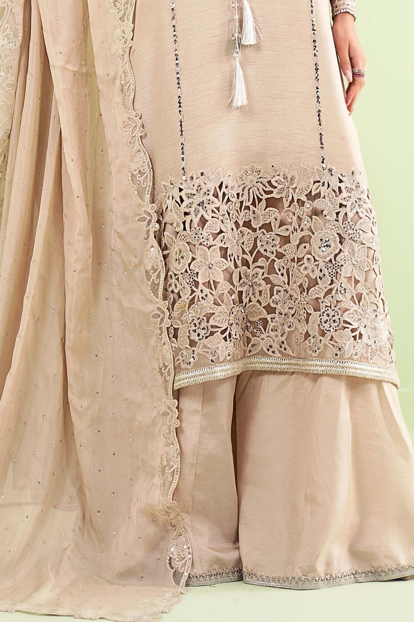 SF-EF26-63-BEIGE | Piece Embroidered Raw Silk Suit | MARIA.B