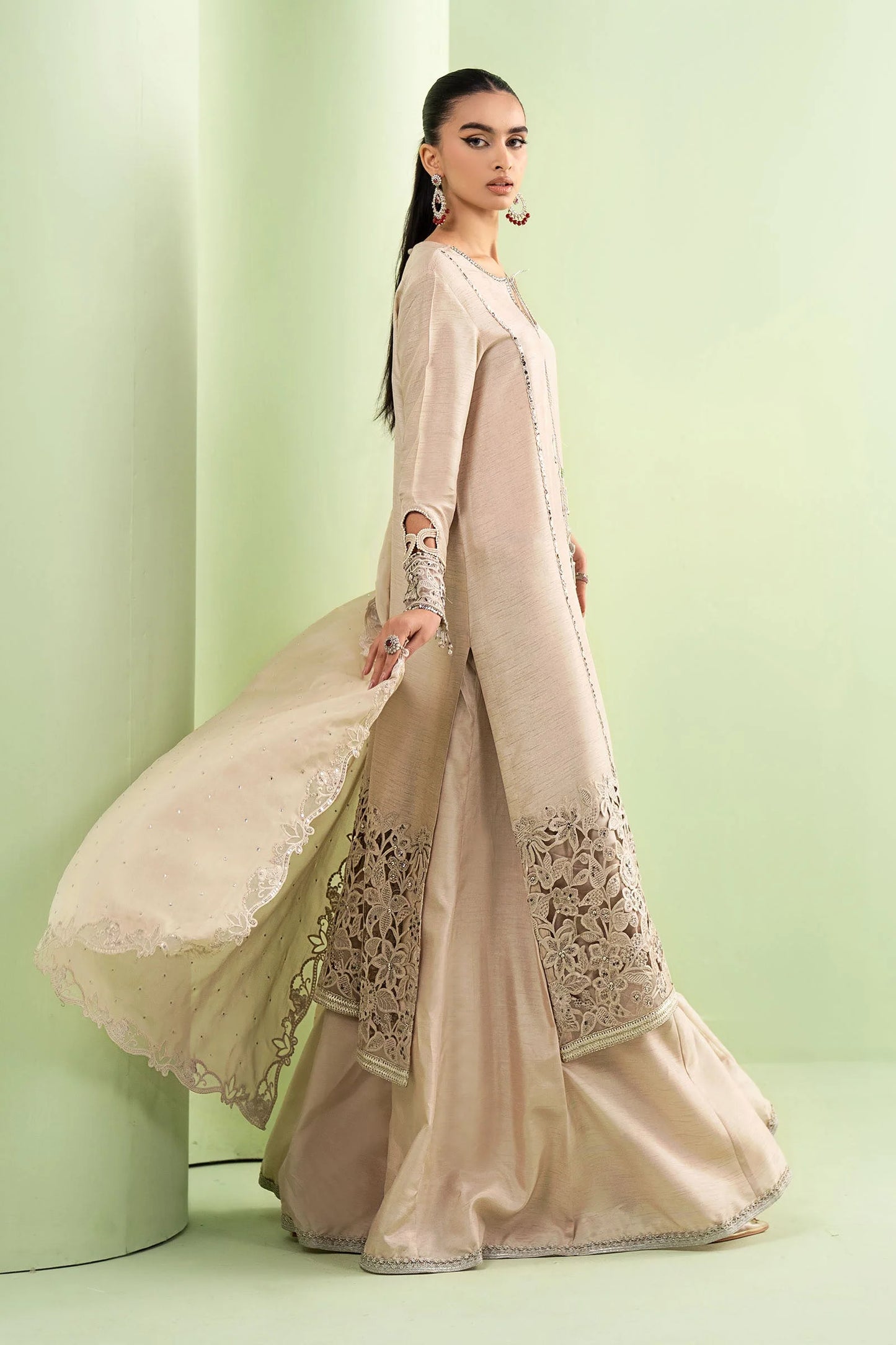 SF-EF26-63-BEIGE | Piece Embroidered Raw Silk Suit | MARIA.B