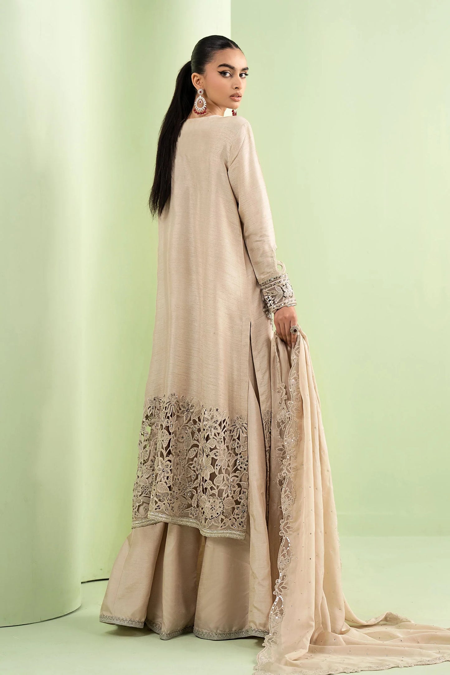 SF-EF26-63-BEIGE | Piece Embroidered Raw Silk Suit | MARIA.B