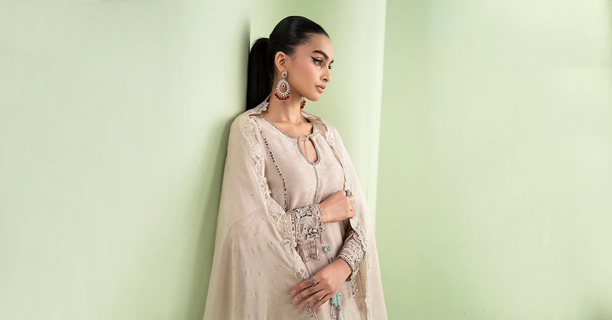 SF-EF26-63-BEIGE | Piece Embroidered Raw Silk Suit | MARIA.B