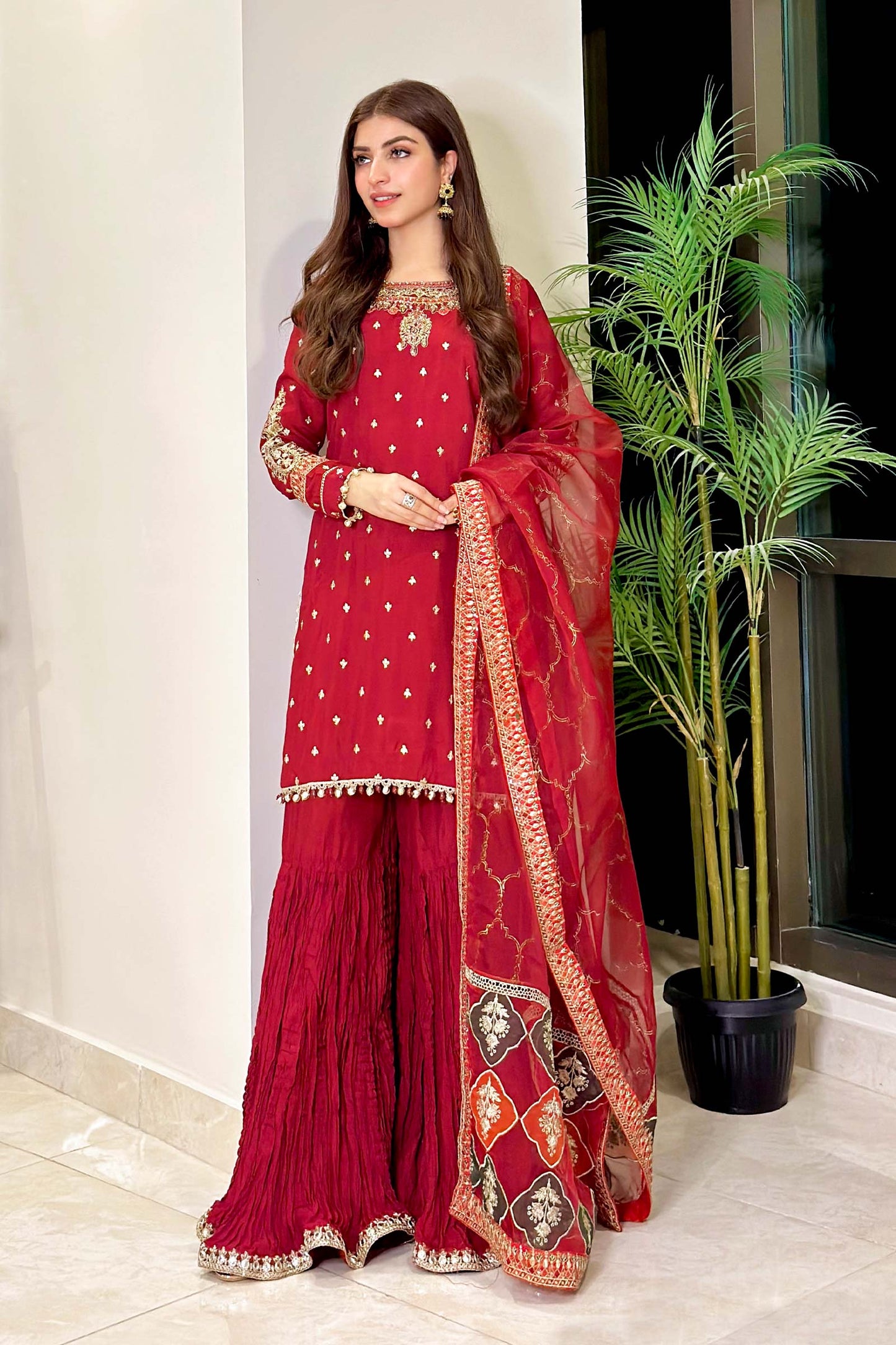 SF-EA23-18R1-Maroon | 3 Piece Embroidered Raw Silk Suit | MARIA.B