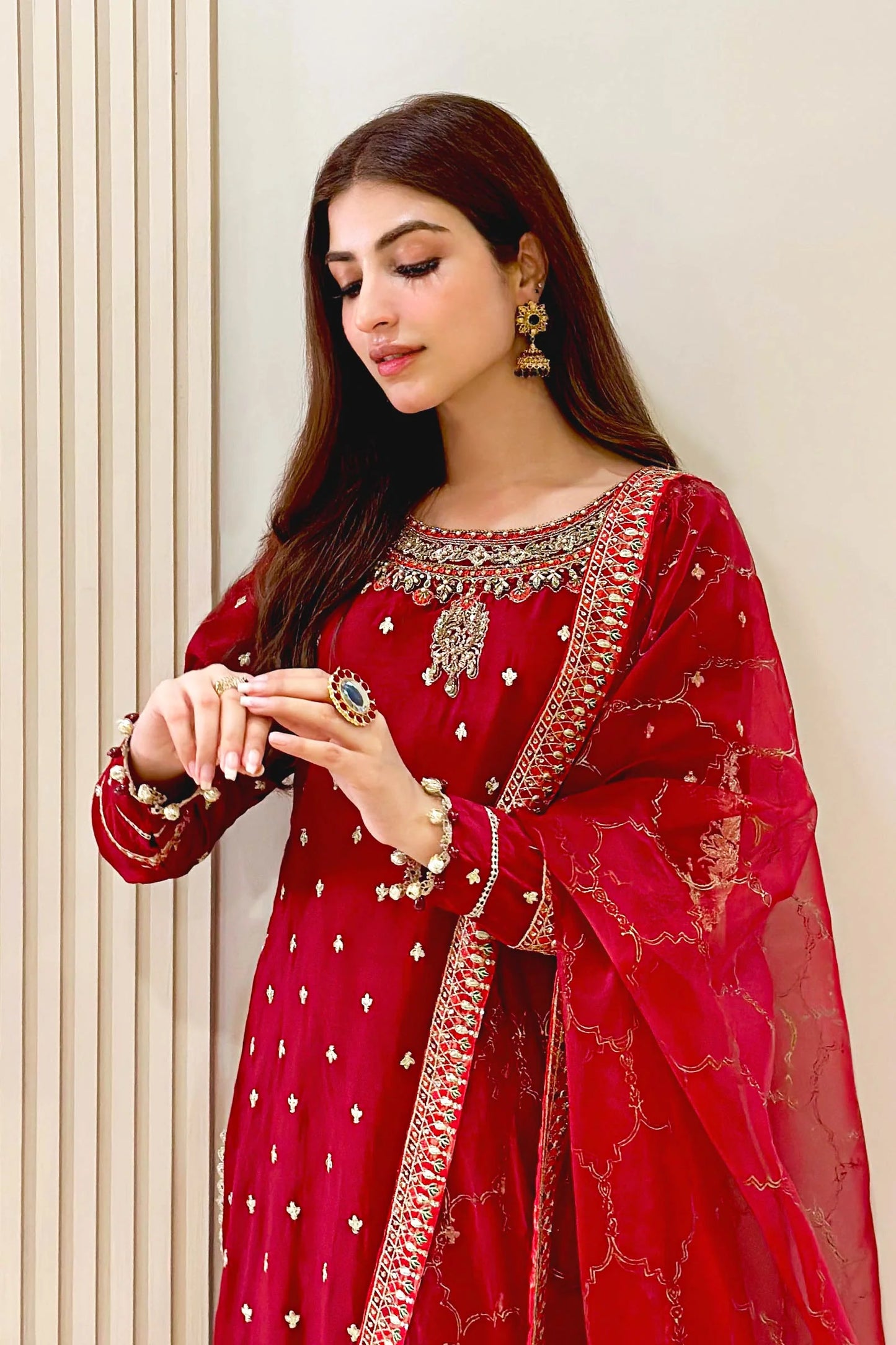 SF-EA23-18R1-Maroon | 3 Piece Embroidered Raw Silk Suit | MARIA.B