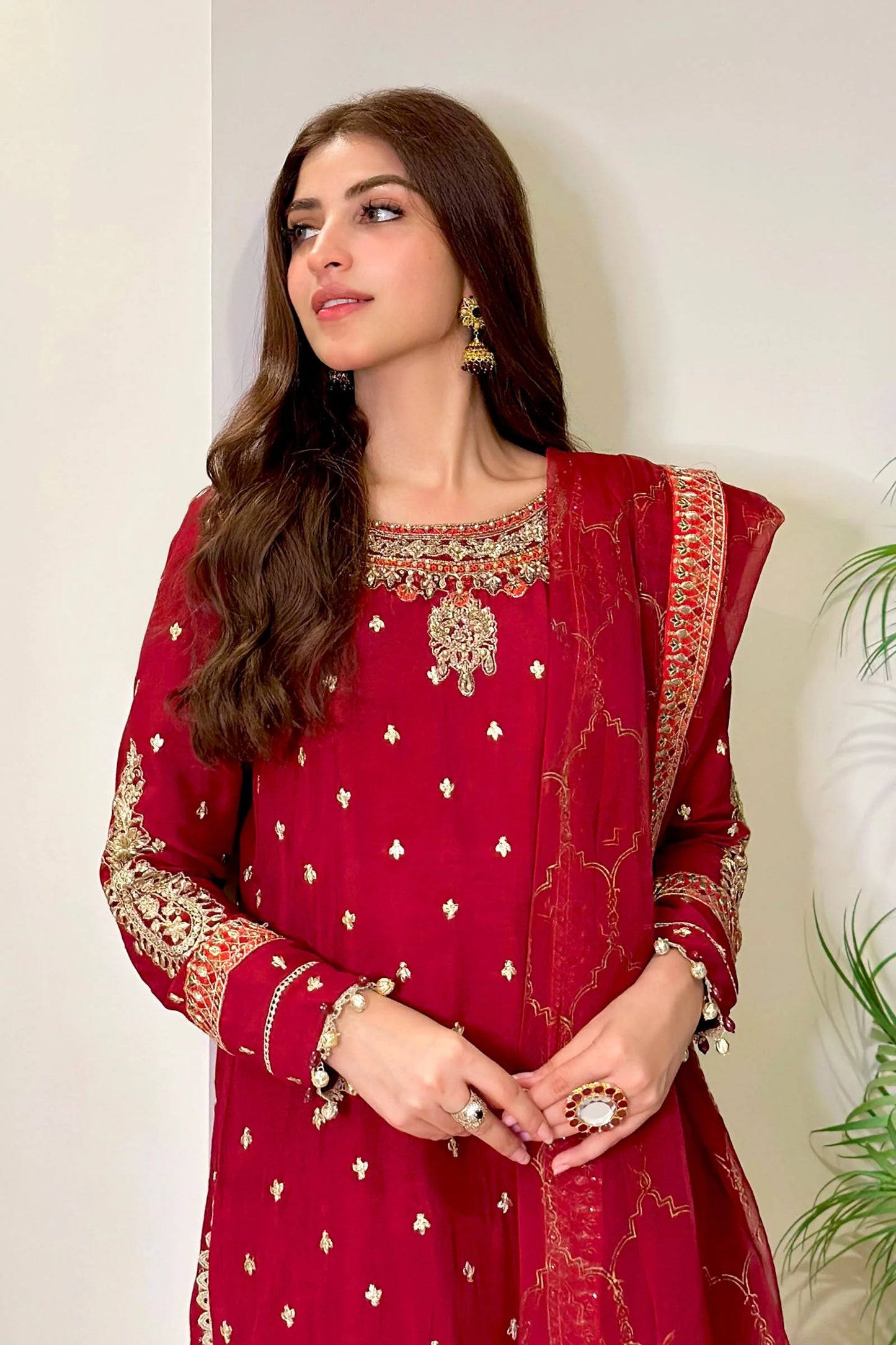 SF-EA23-18R1-Maroon | 3 Piece Embroidered Raw Silk Suit | MARIA.B