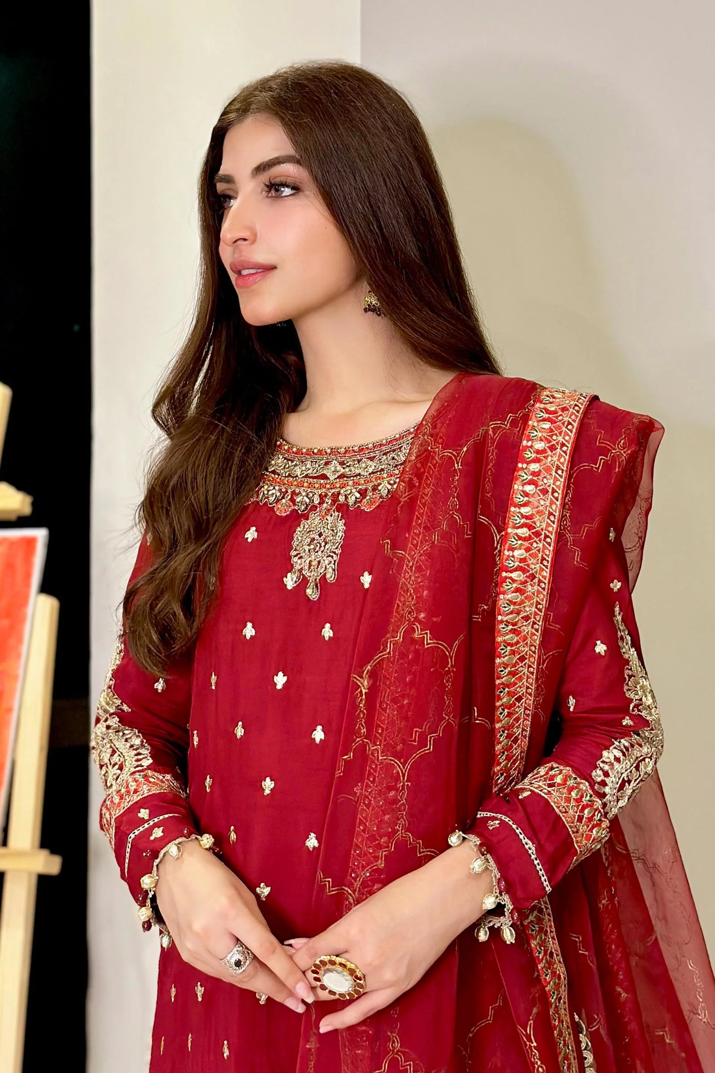 SF-EA23-18R1-Maroon | 3 Piece Embroidered Raw Silk Suit | MARIA.B
