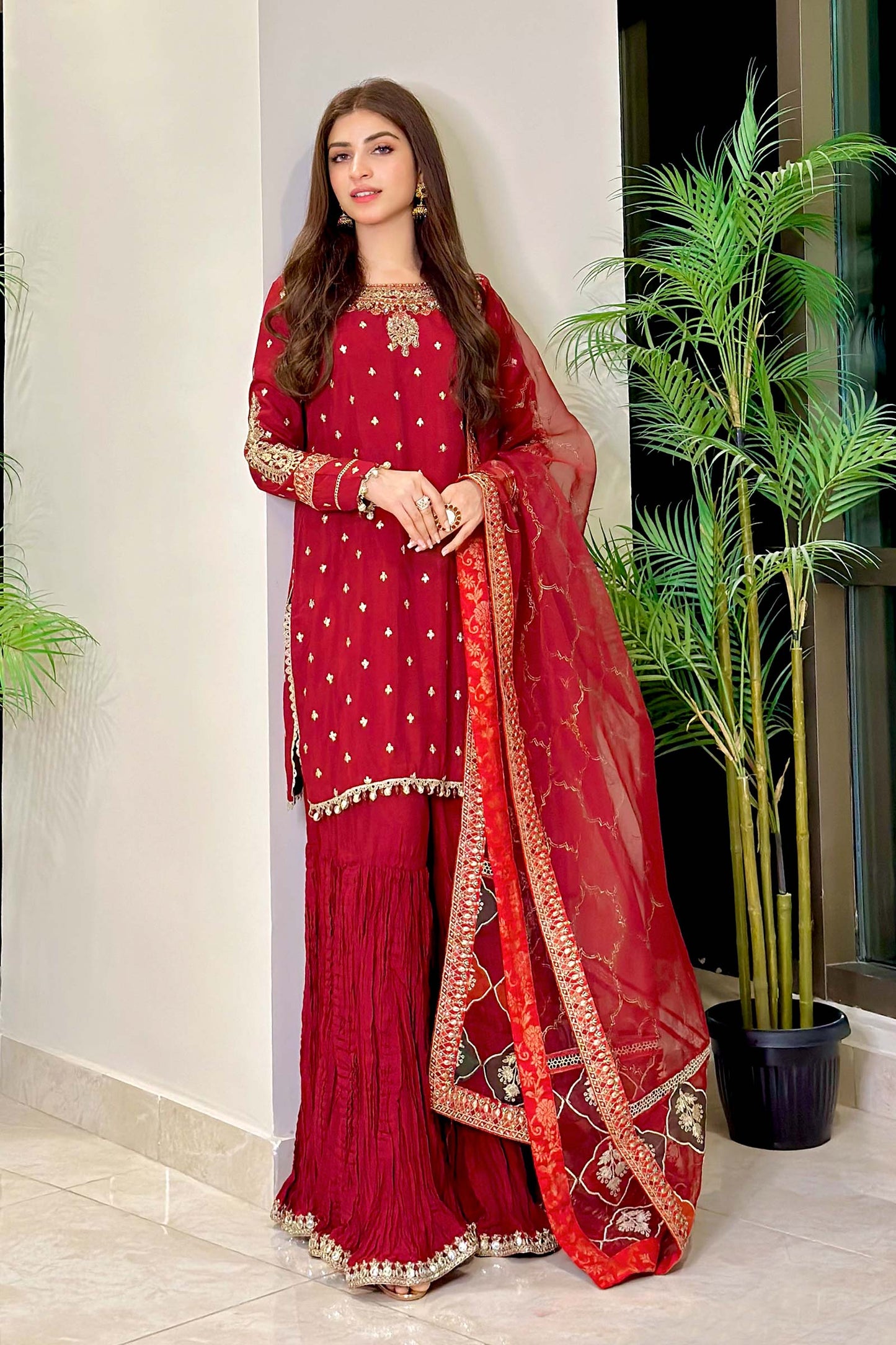 SF-EA23-18R1-Maroon | 3 Piece Embroidered Raw Silk Suit | MARIA.B
