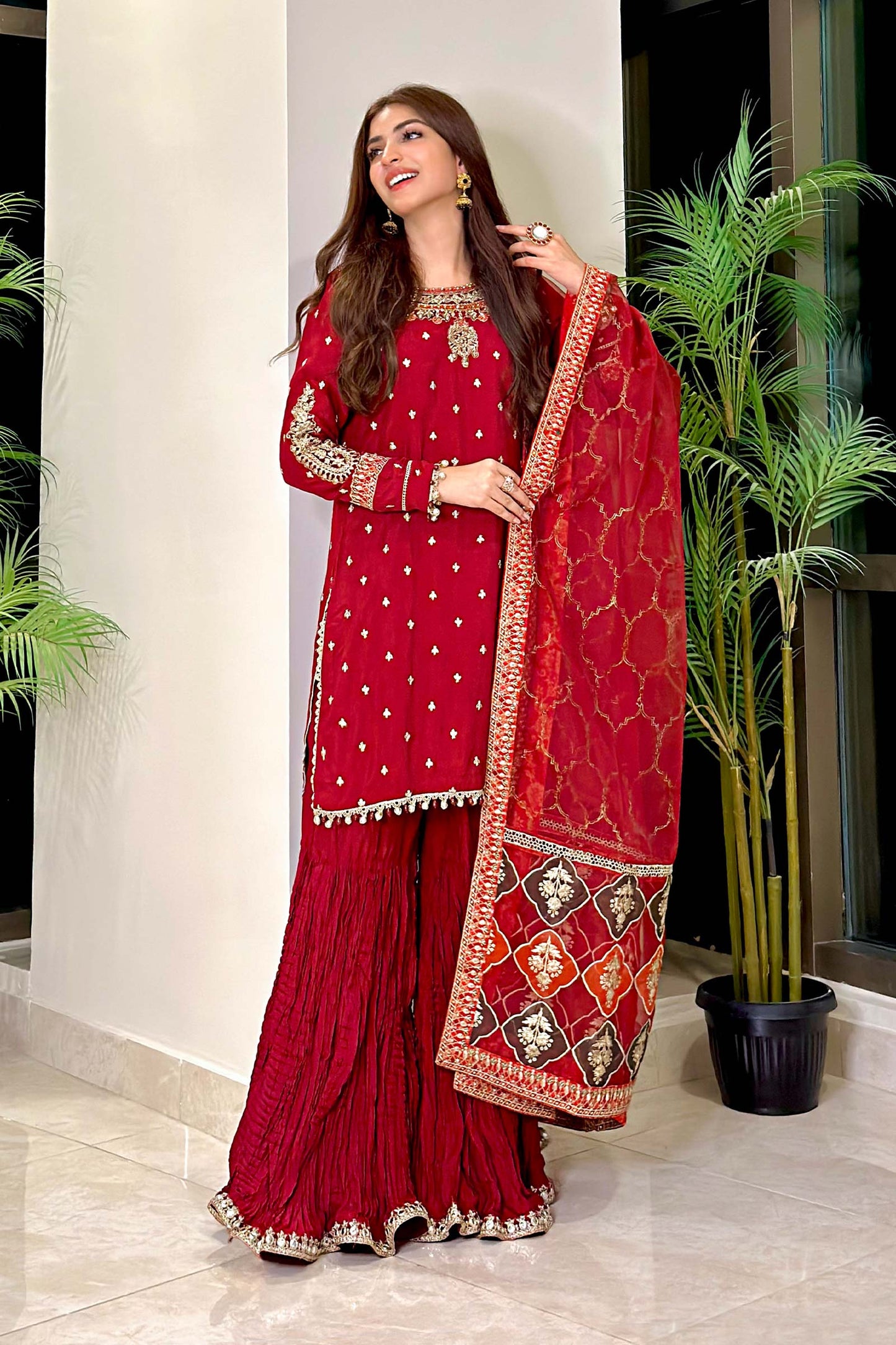 SF-EA23-18R1-Maroon | 3 Piece Embroidered Raw Silk Suit | MARIA.B