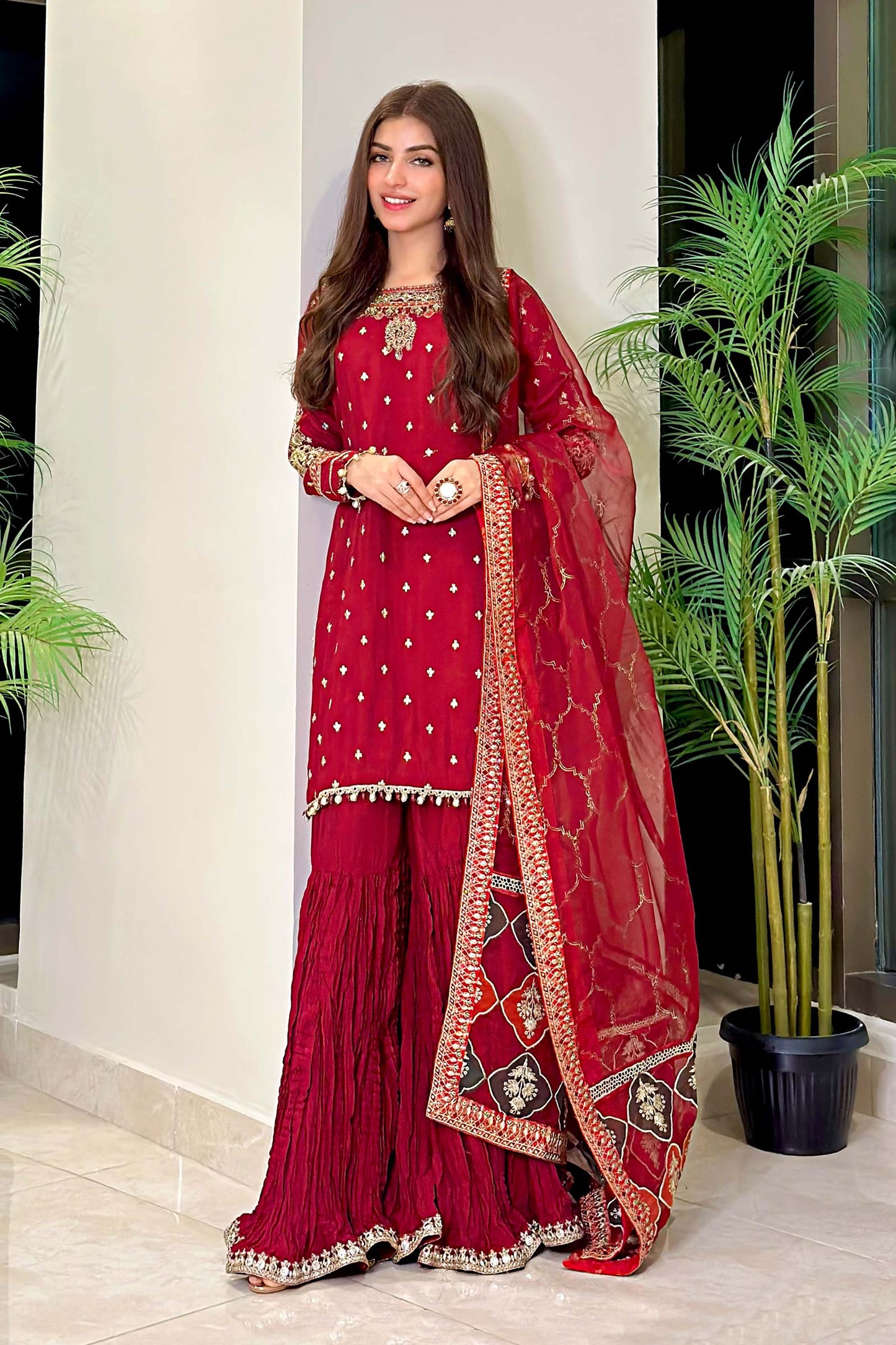 SF-EA23-18R1-Maroon | 3 Piece Embroidered Raw Silk Suit | MARIA.B