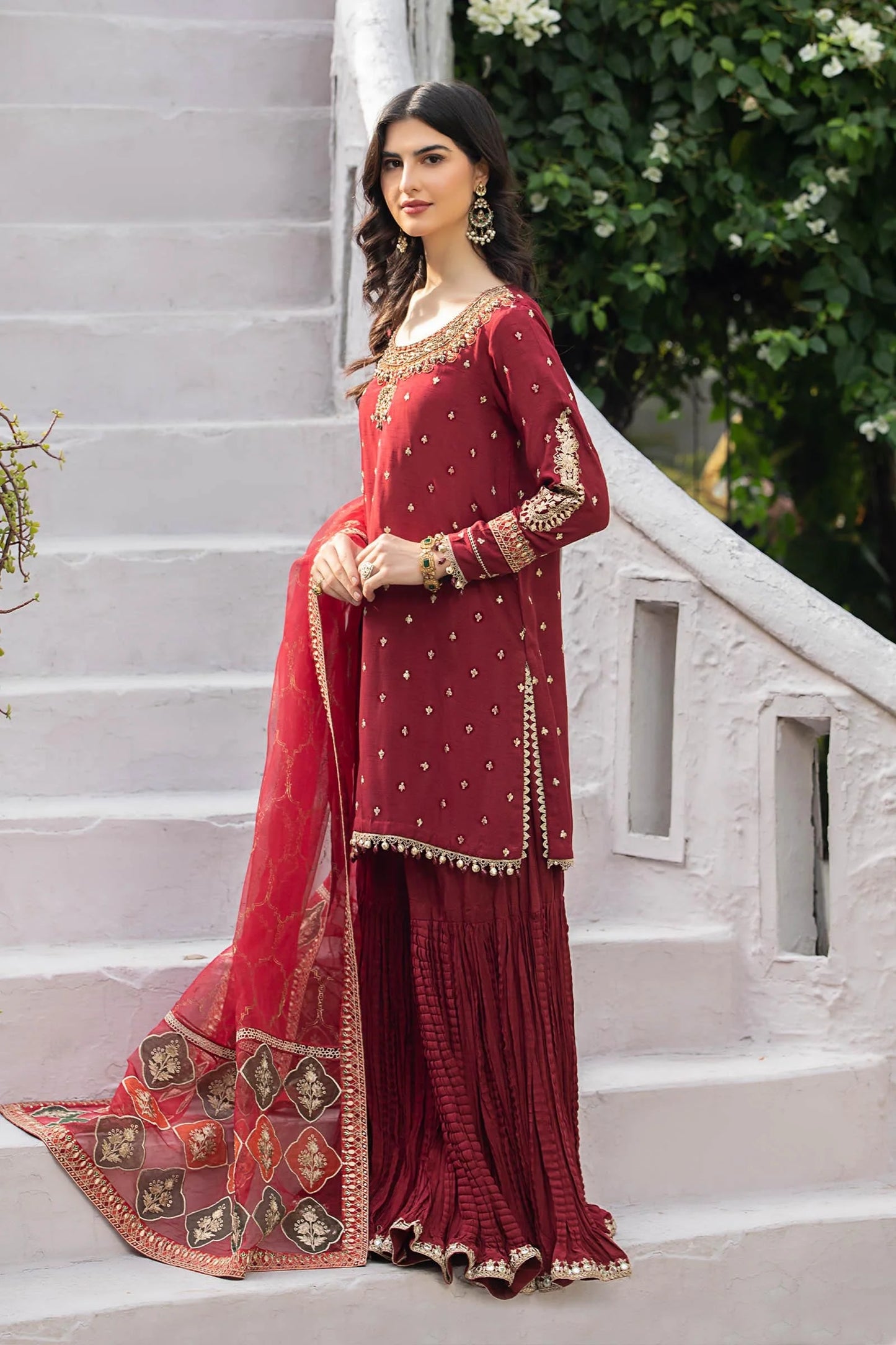 SF-EA23-18R1-Maroon | 3 Piece Embroidered Raw Silk Suit | MARIA.B
