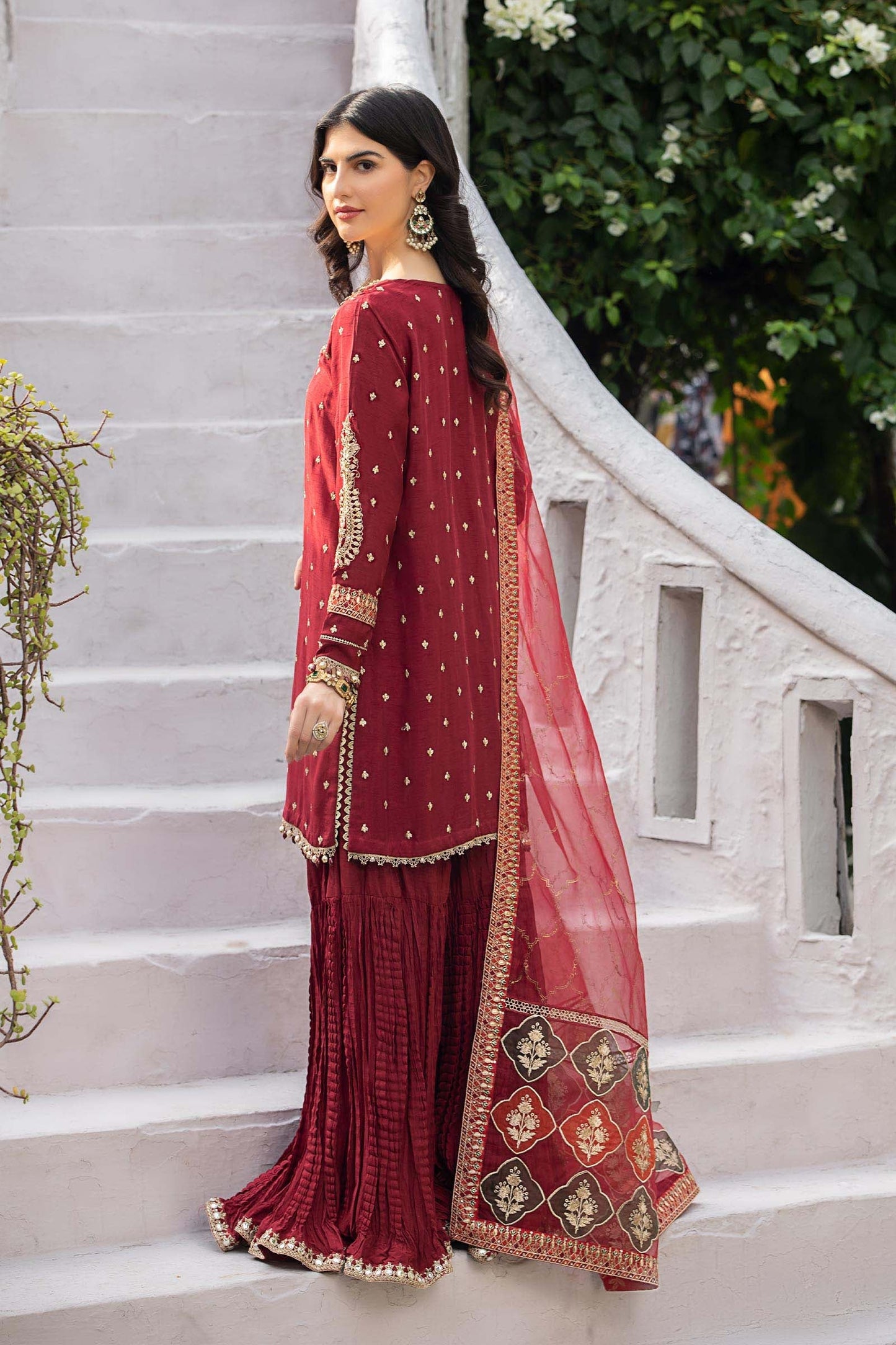 SF-EA23-18R1-Maroon | 3 Piece Embroidered Raw Silk Suit | MARIA.B