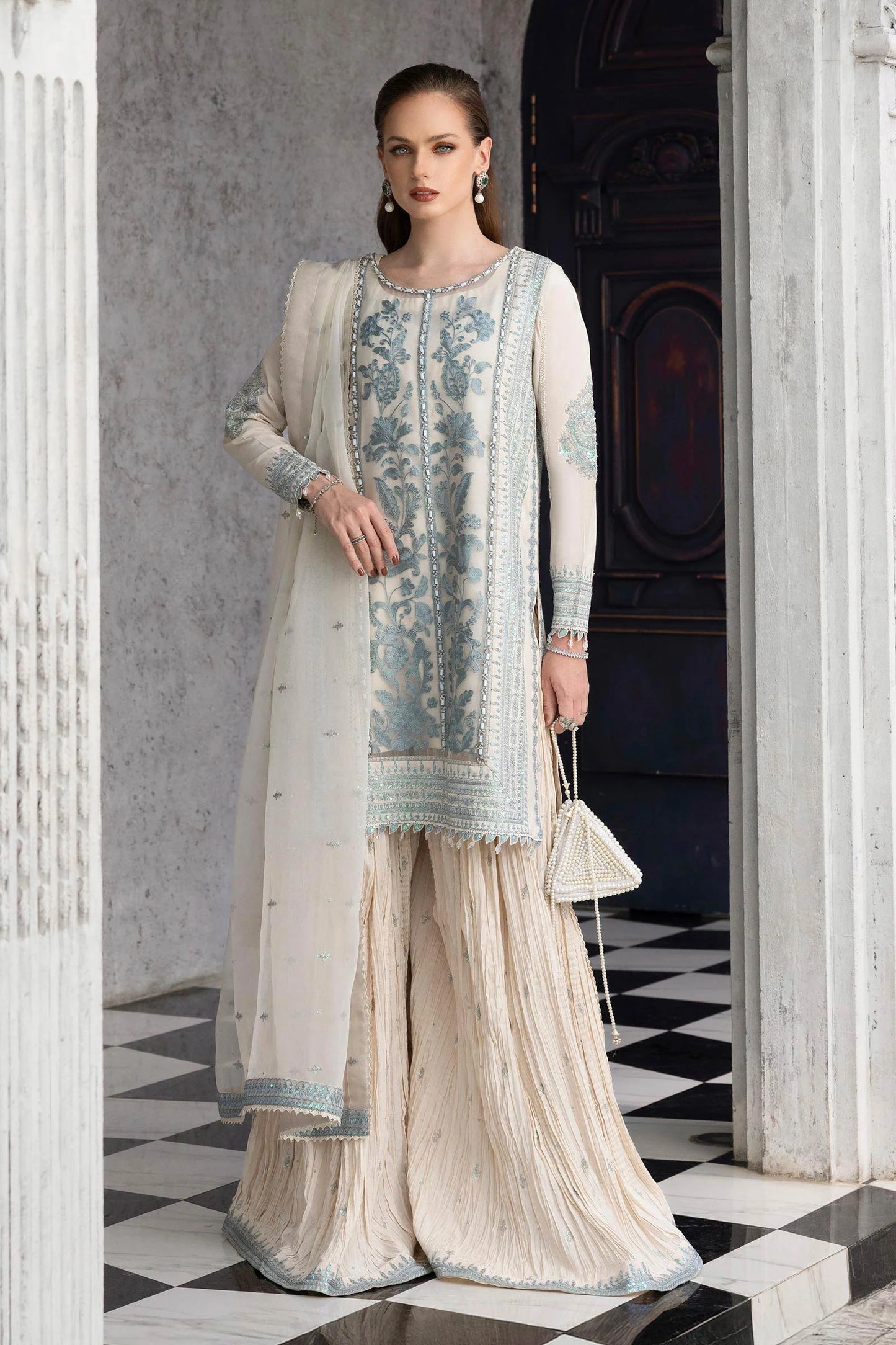 SF-EF26-39-Off White | 3 Piece Embroidered Raw Silk Suit | MARIA.B