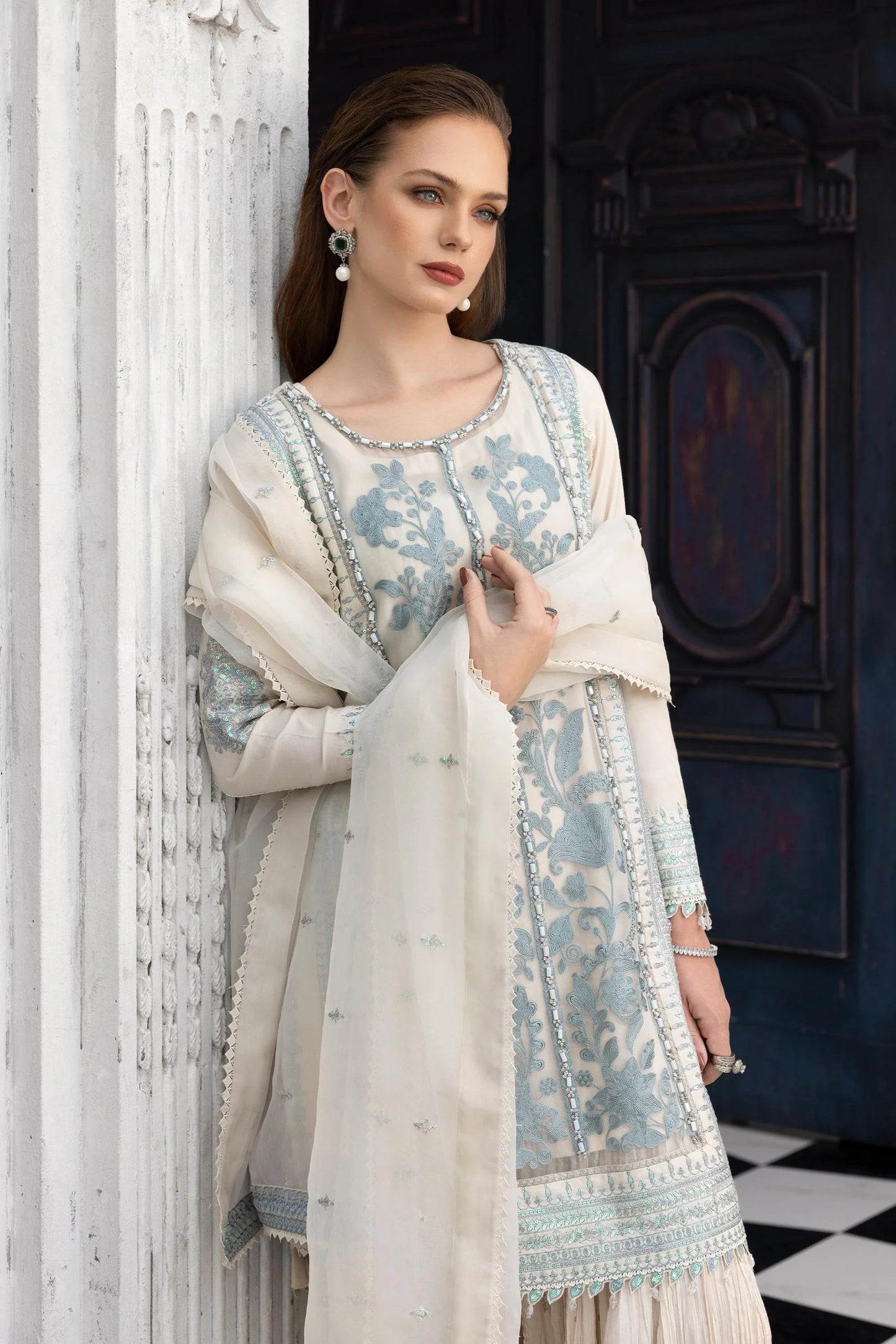 SF-EF26-39-Off White | 3 Piece Embroidered Raw Silk Suit | MARIA.B