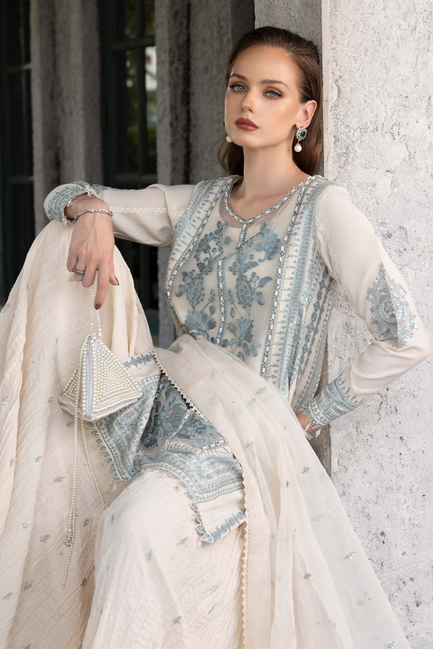 SF-EF26-39-Off White | 3 Piece Embroidered Raw Silk Suit | MARIA.B
