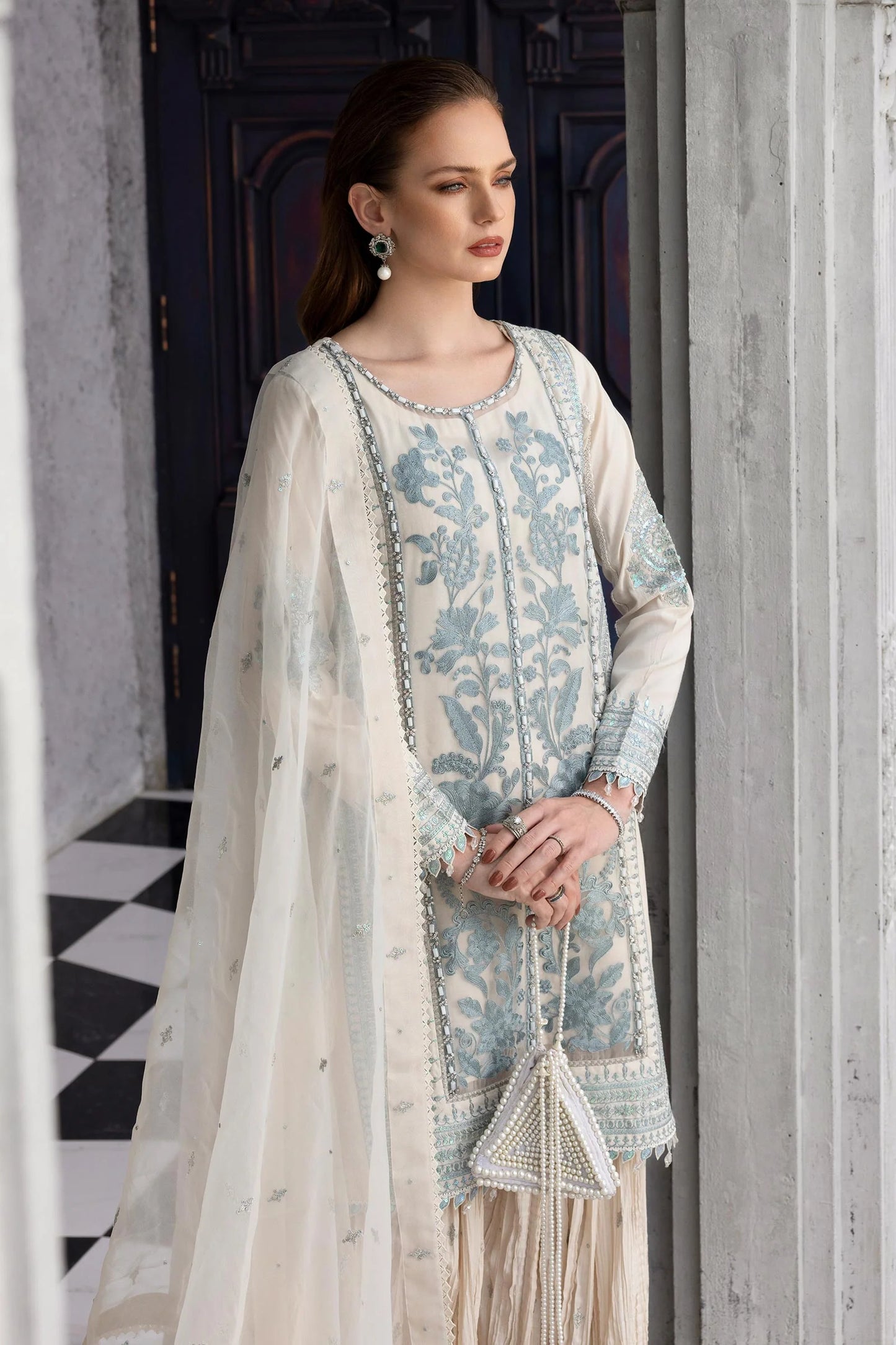 SF-EF26-39-Off White | 3 Piece Embroidered Raw Silk Suit | MARIA.B