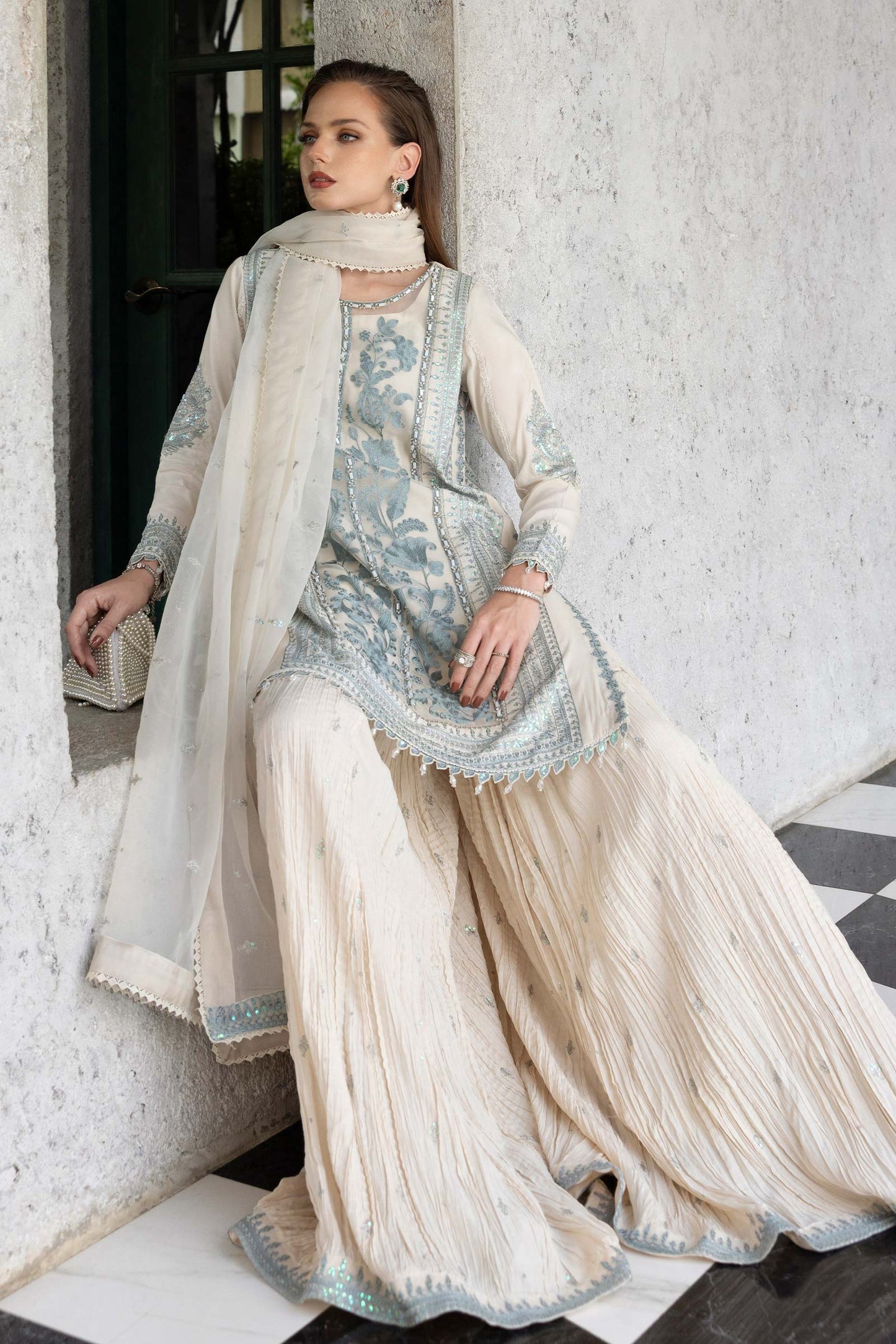 SF-EF26-39-Off White | 3 Piece Embroidered Raw Silk Suit | MARIA.B