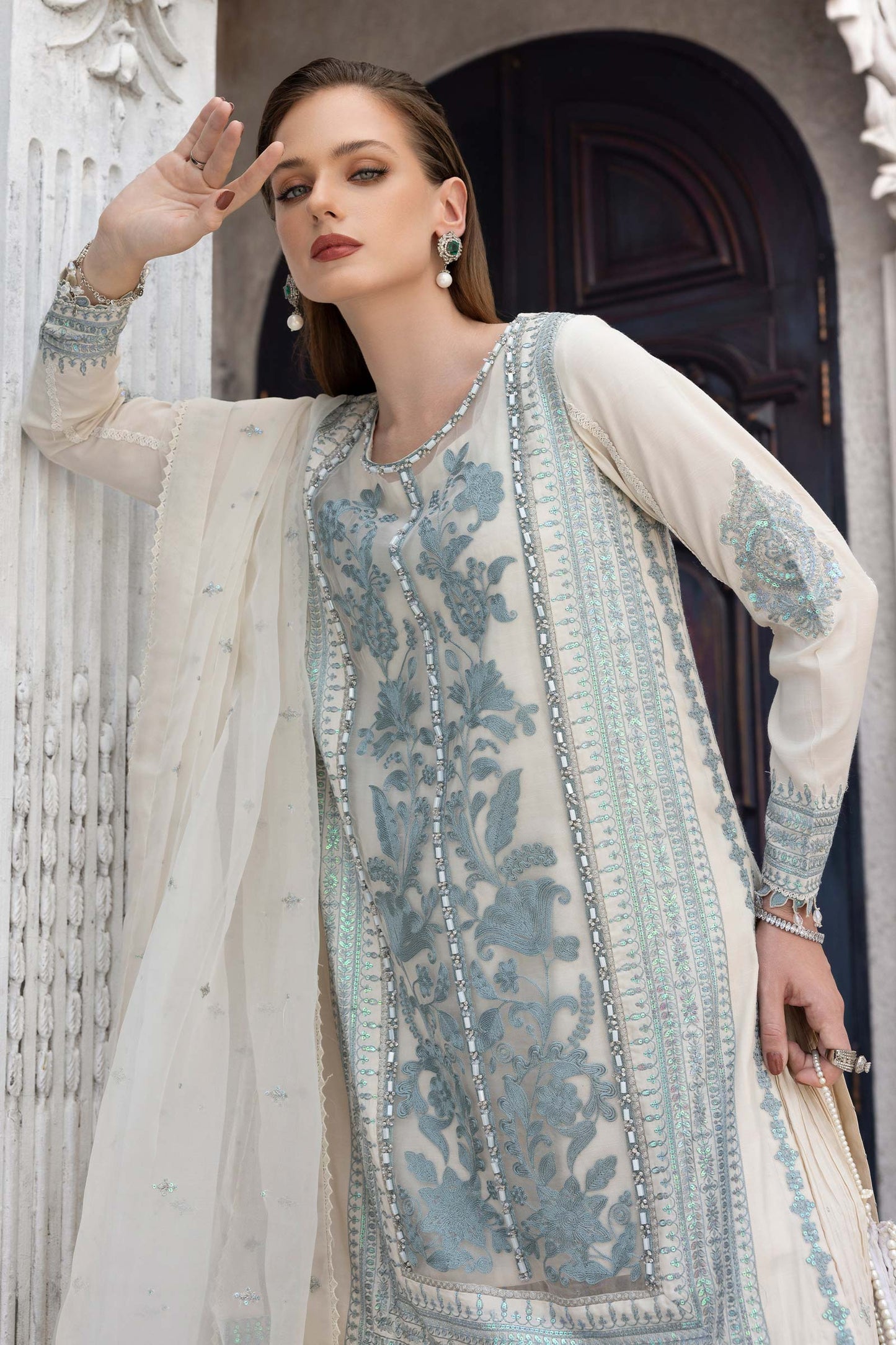 SF-EF26-39-Off White | 3 Piece Embroidered Raw Silk Suit | MARIA.B
