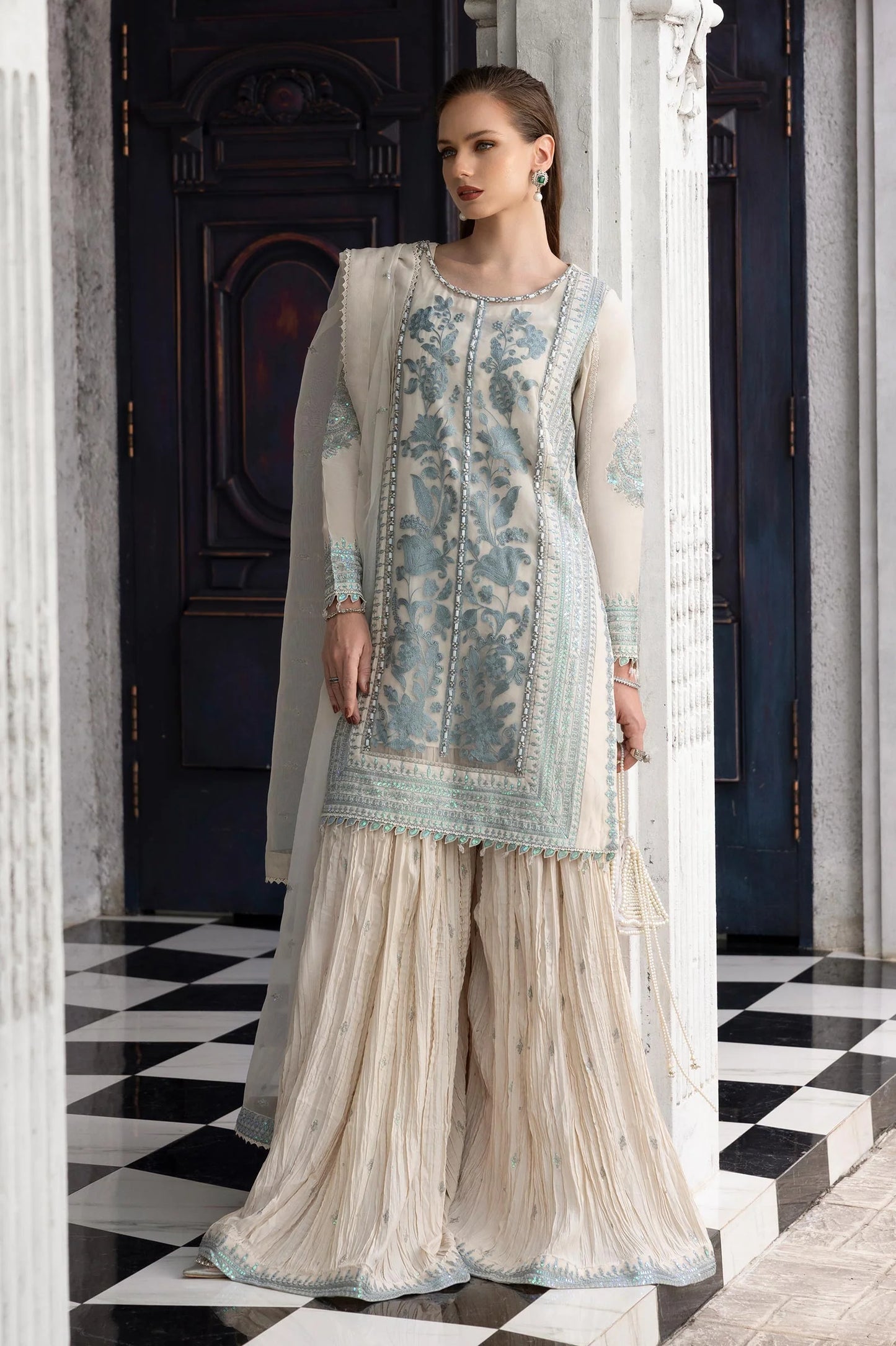 SF-EF26-39-Off White | 3 Piece Embroidered Raw Silk Suit | MARIA.B