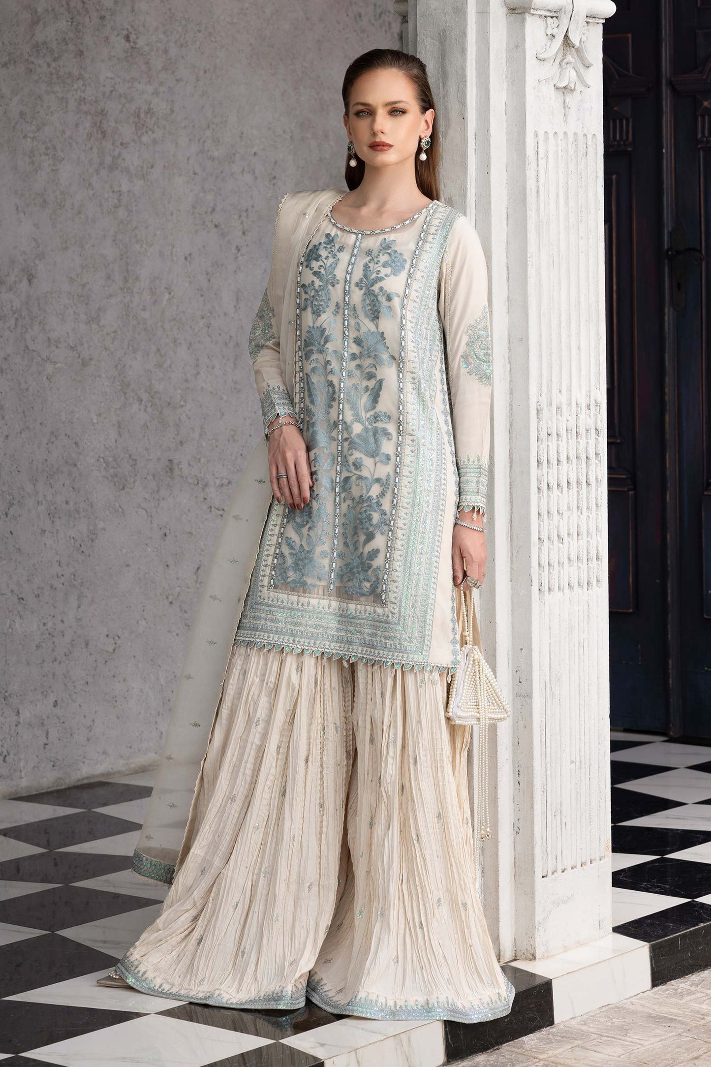 SF-EF26-39-Off White | 3 Piece Embroidered Raw Silk Suit | MARIA.B