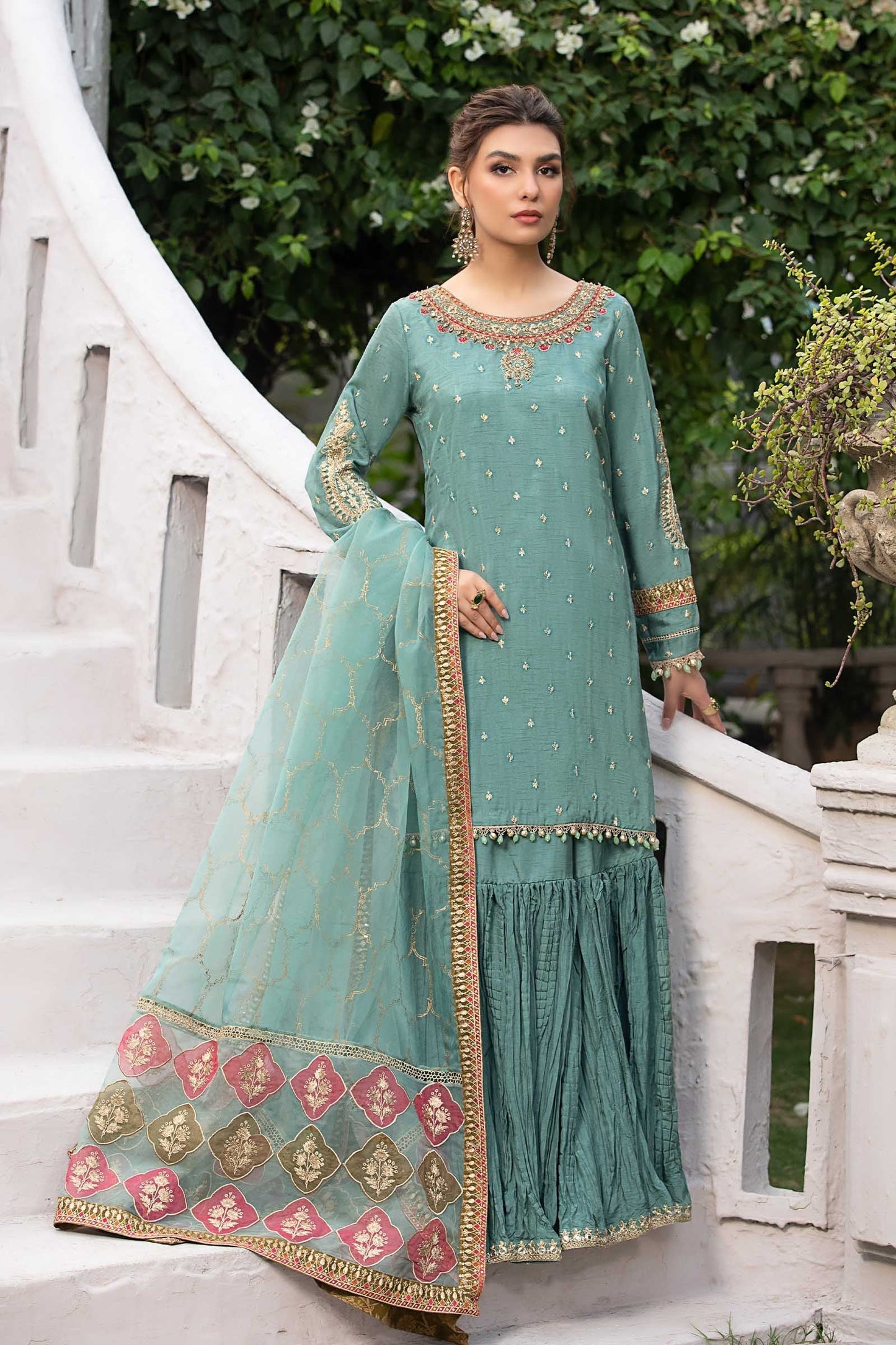 SF-EA23-18R1-Ferozi | 3 Piece Embroidered Raw Silk Suit | MARIA.B