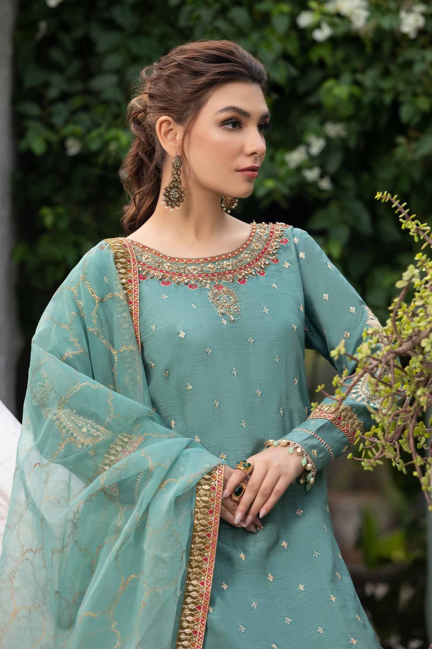 SF-EA23-18R1-Ferozi | 3 Piece Embroidered Raw Silk Suit | MARIA.B