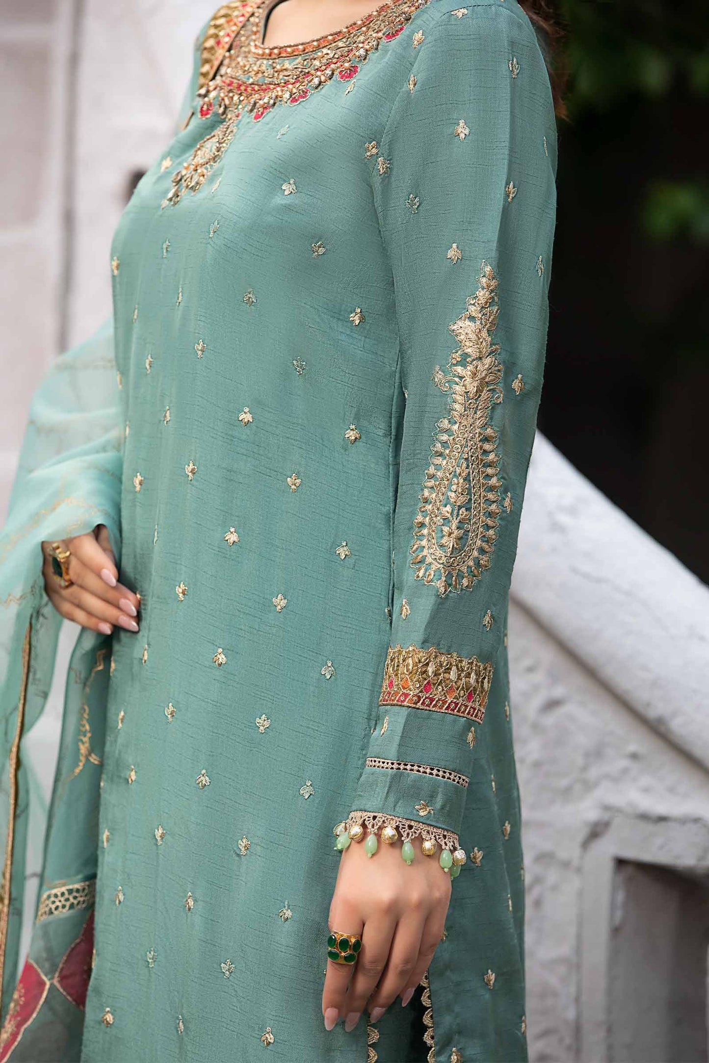 SF-EA23-18R1-Ferozi | 3 Piece Embroidered Raw Silk Suit | MARIA.B